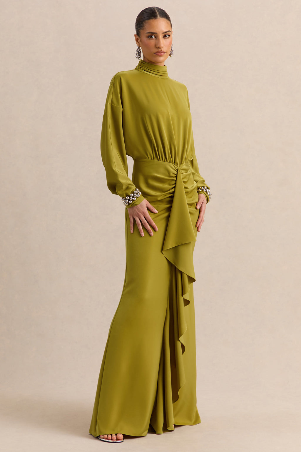 Perla | Olive High-Neck Maxi Dress With Gathered-Detailing