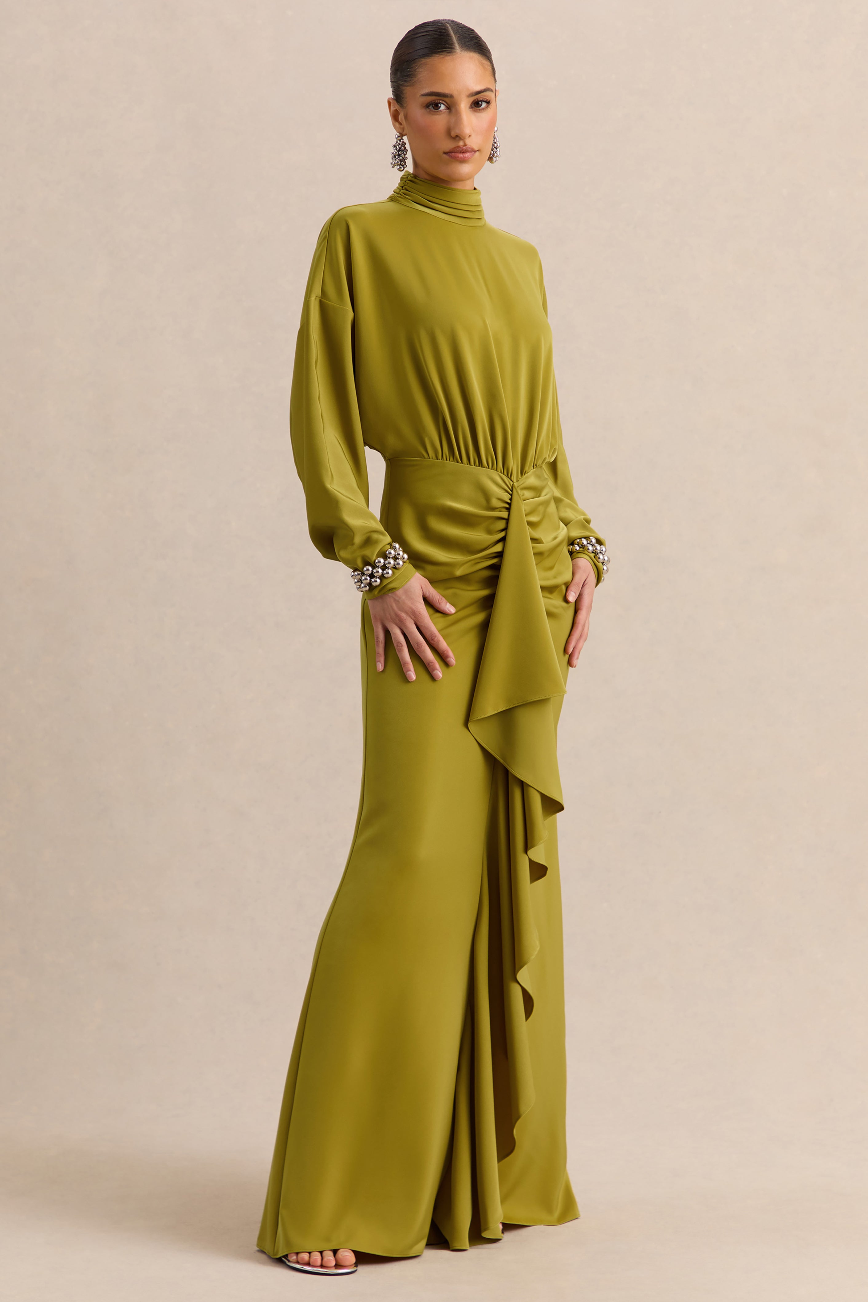 Perla | Olive High-Neck Maxi Dress With Gathered-Detailing