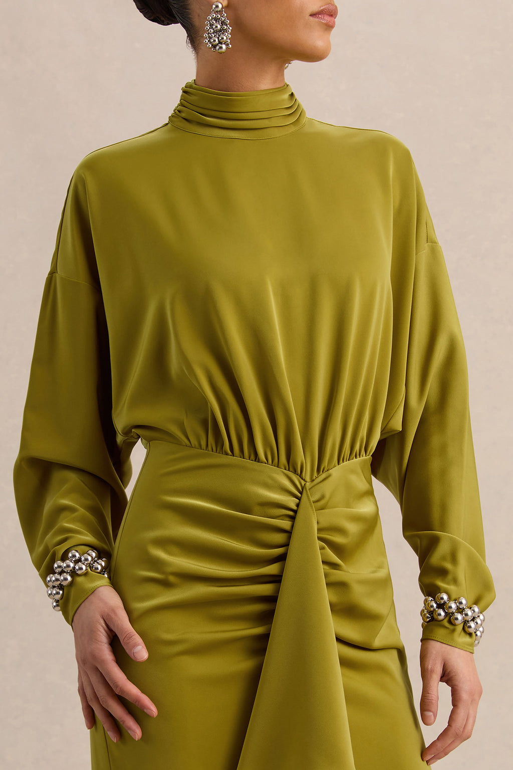 Perla | Olive High-Neck Maxi Dress With Gathered-Detailing
