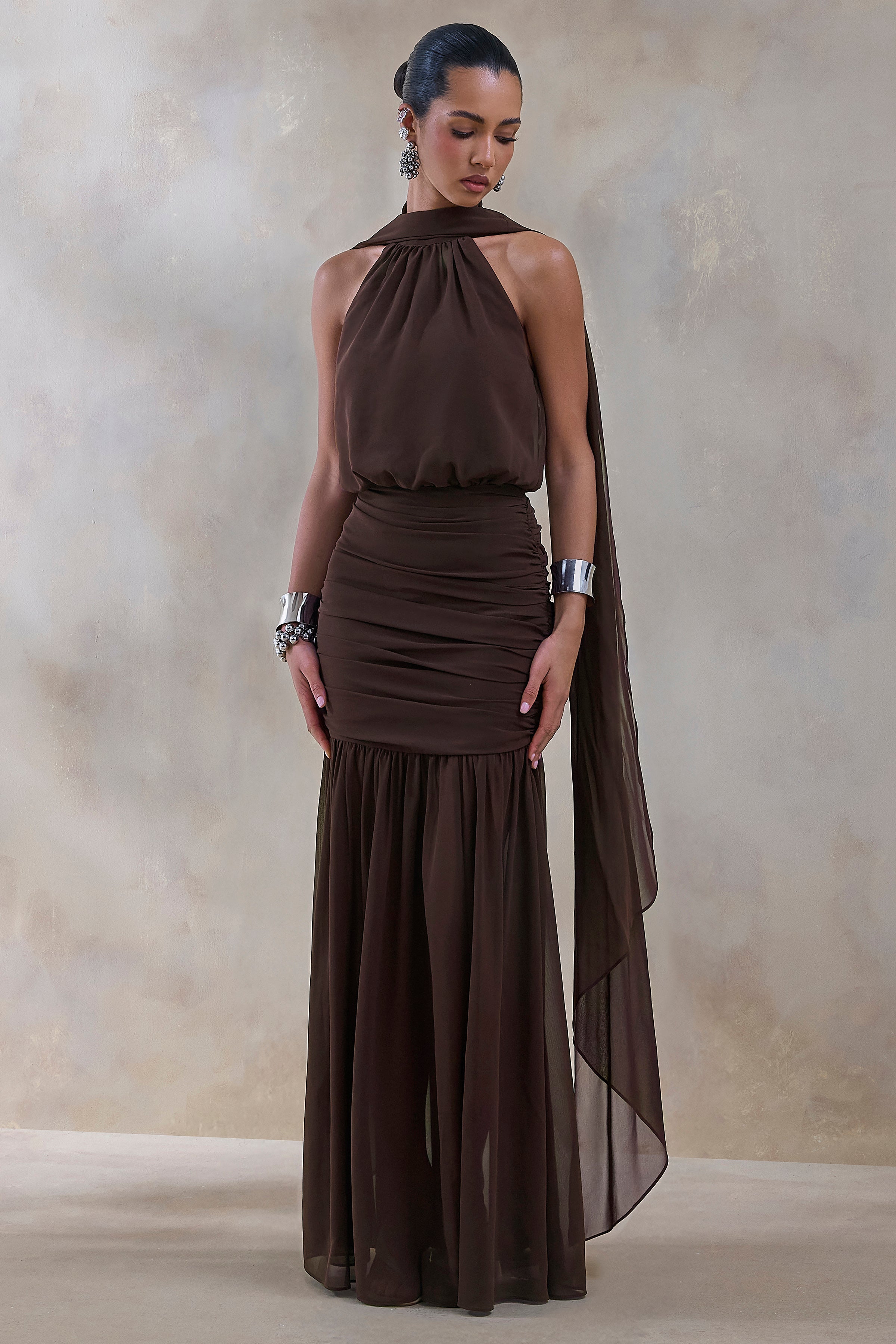 Veronique | Brown Halter-Neck Maxi Dress