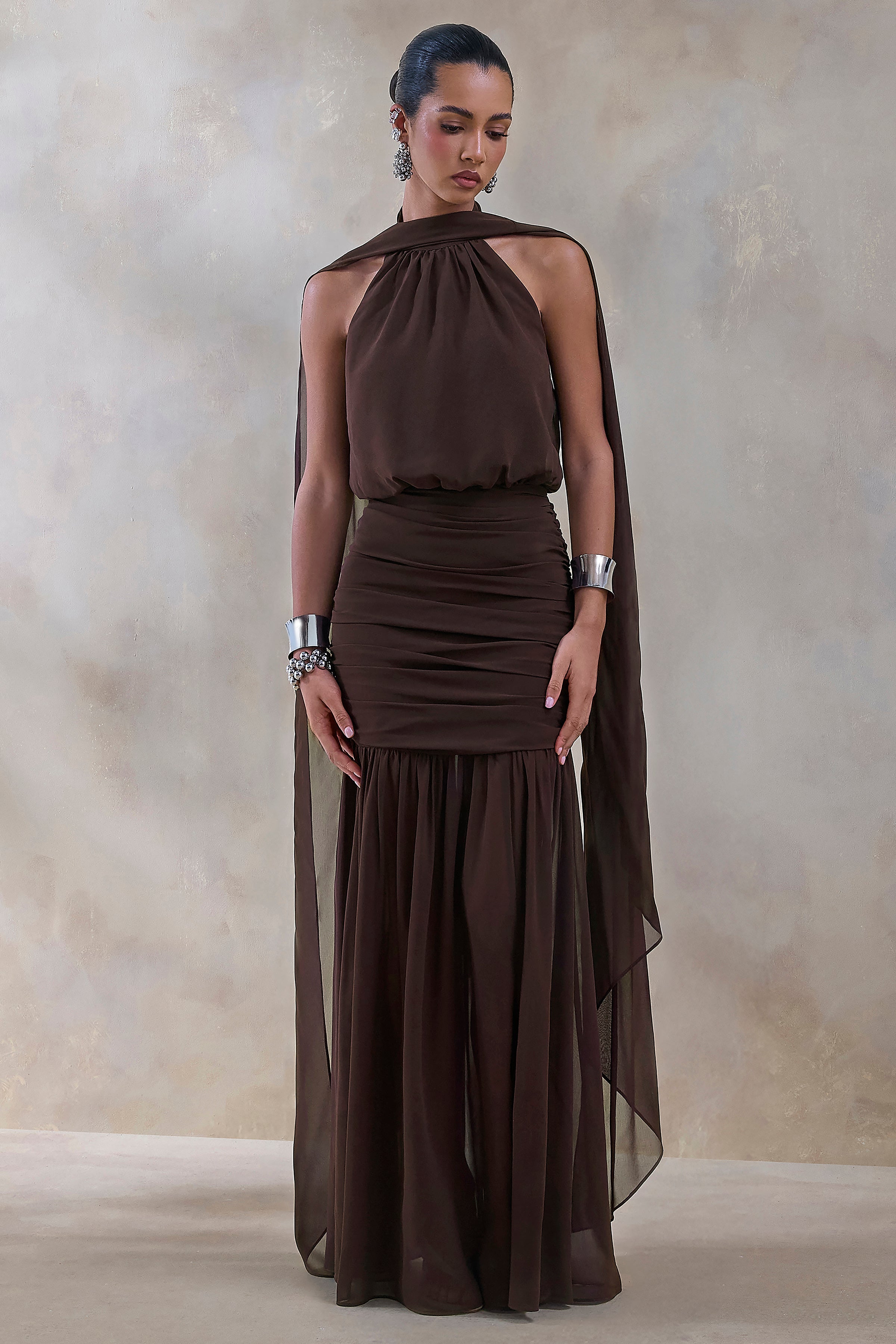 Veronique | Brown Halter-Neck Maxi Dress