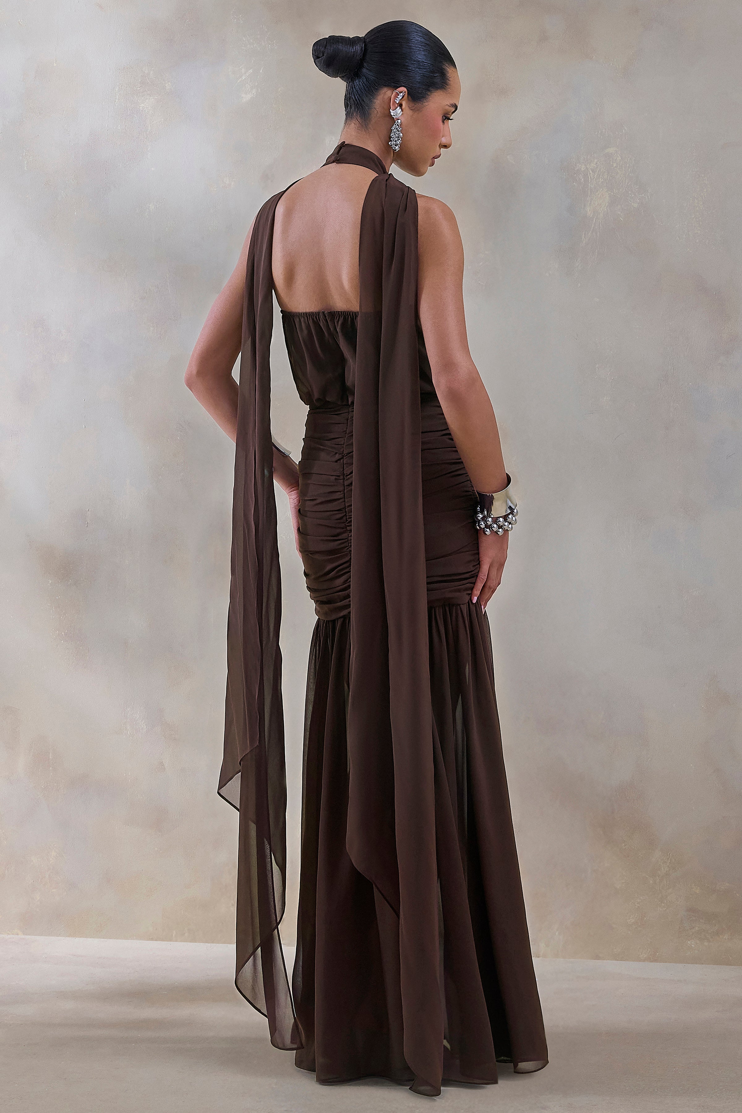 Veronique | Brown Halter-Neck Maxi Dress