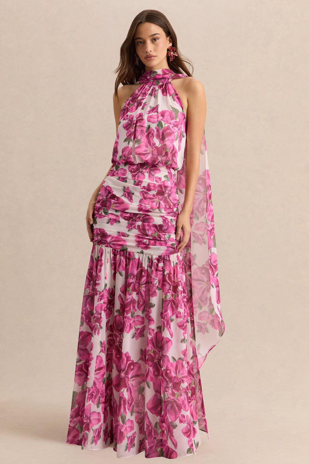 Veronique | Pink Hibiscus Floral Halter-Neck Maxi Dress