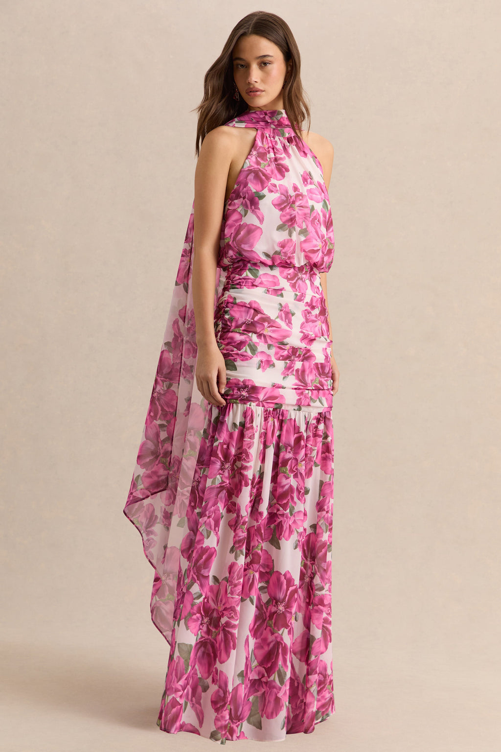 Veronique | Pink Hibiscus Floral Halter-Neck Maxi Dress