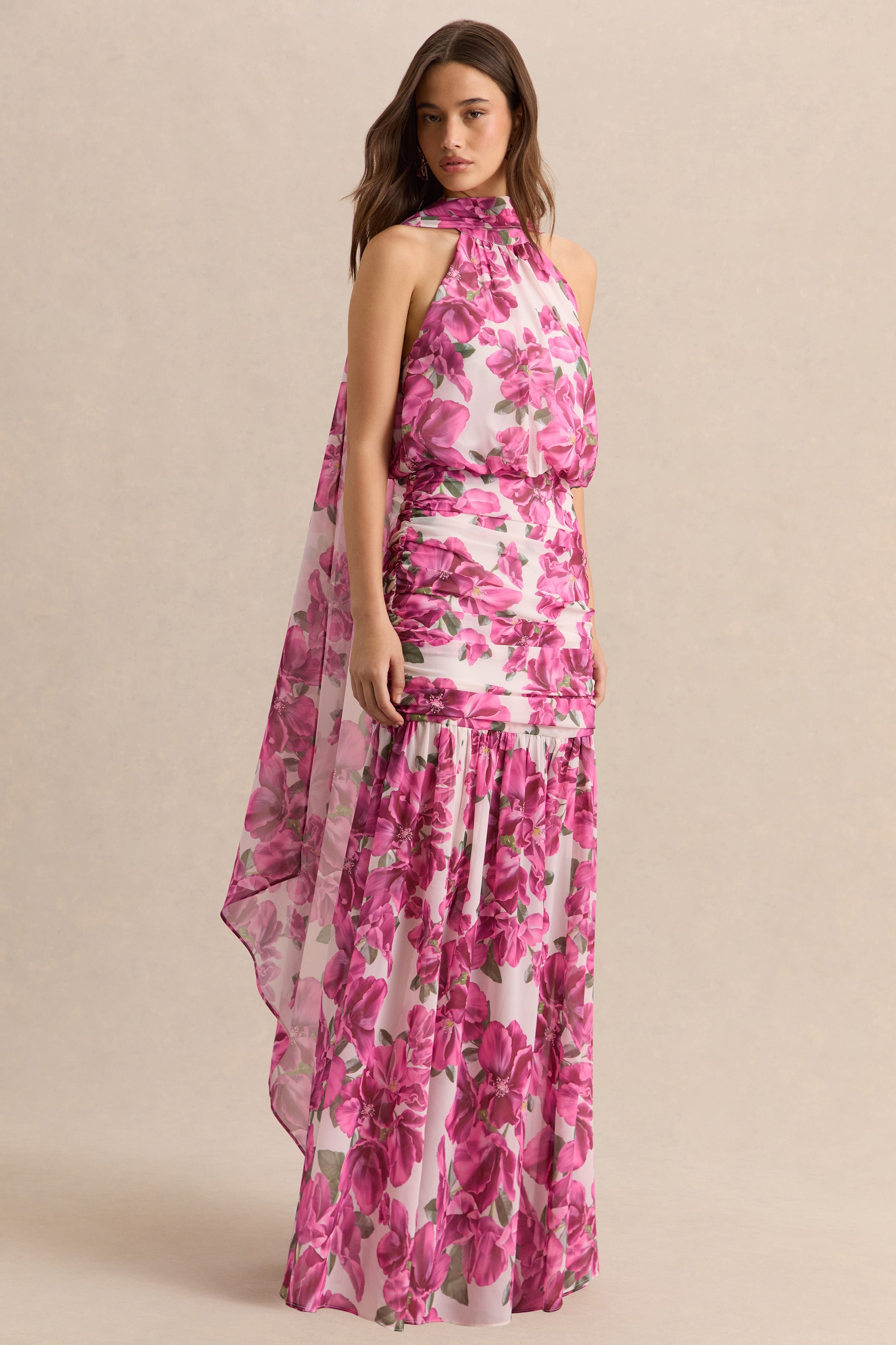 Veronique | Pink Hibiscus Floral Halter-Neck Maxi Dress