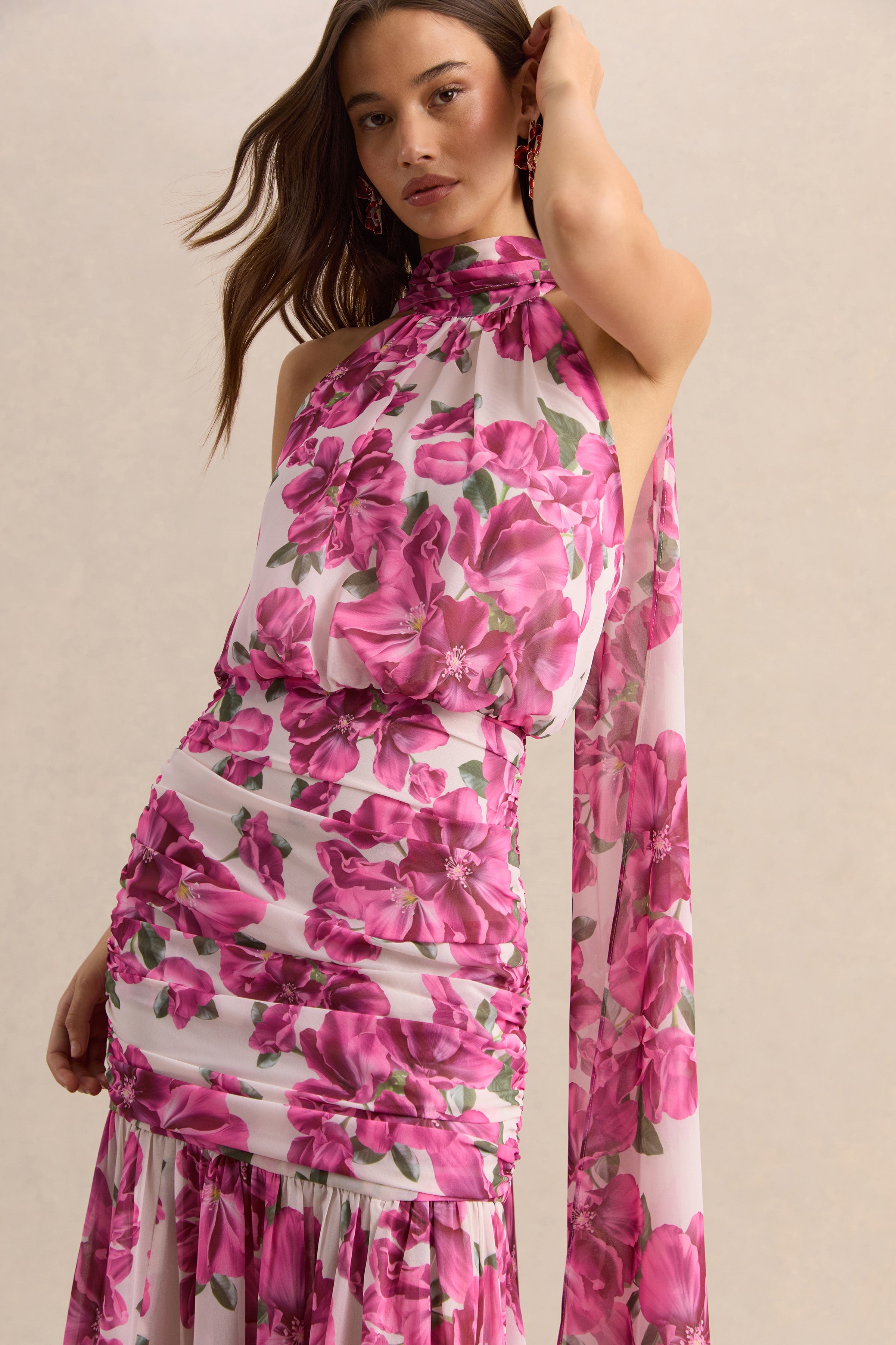 Veronique | Pink Hibiscus Floral Halter-Neck Maxi Dress