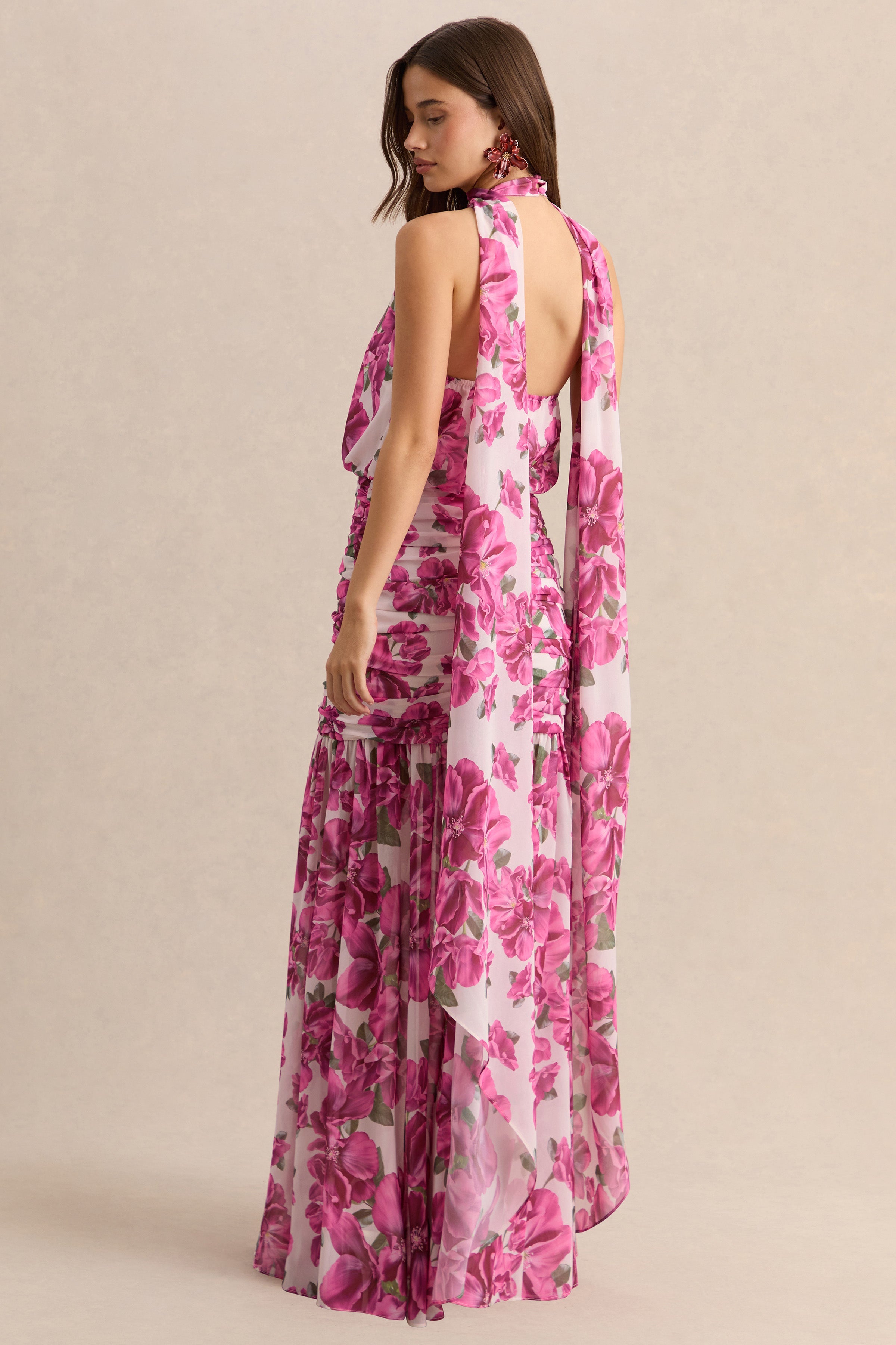 Veronique | Pink Hibiscus Floral Halter-Neck Maxi Dress
