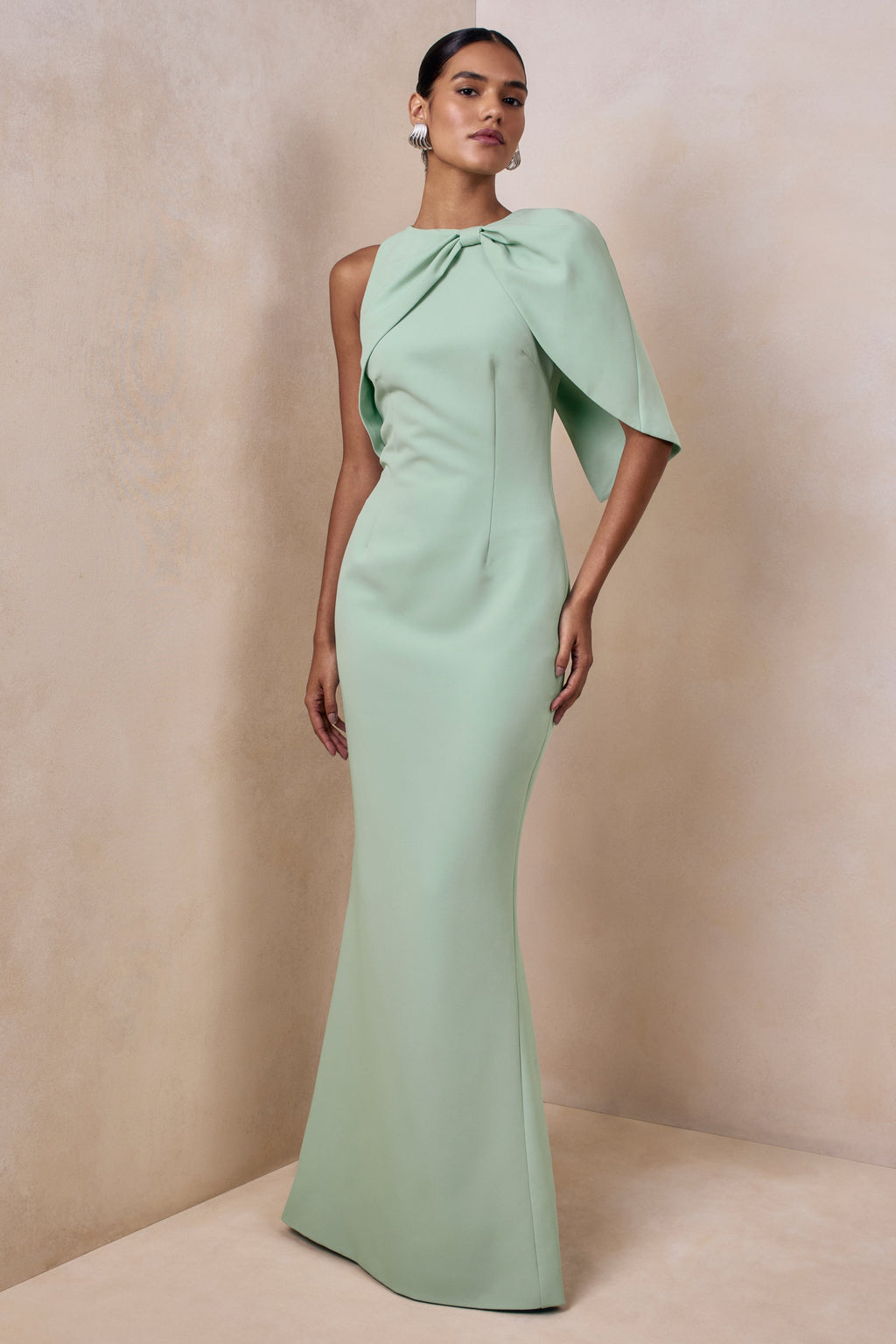 Quira | Mint Asymmetric-Neck Maxi Dress With Cape-Sleeve