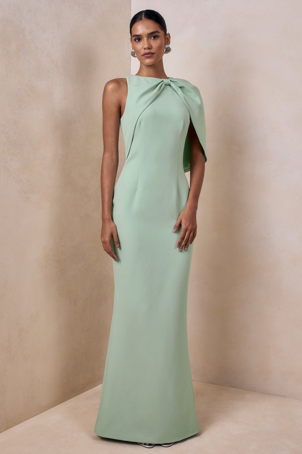 Quira | Mint Asymmetric-Neck Maxi Dress With Cape-Sleeve