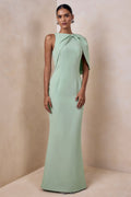 Quira | Mint Asymmetric-Neck Maxi Dress With Cape-Sleeve