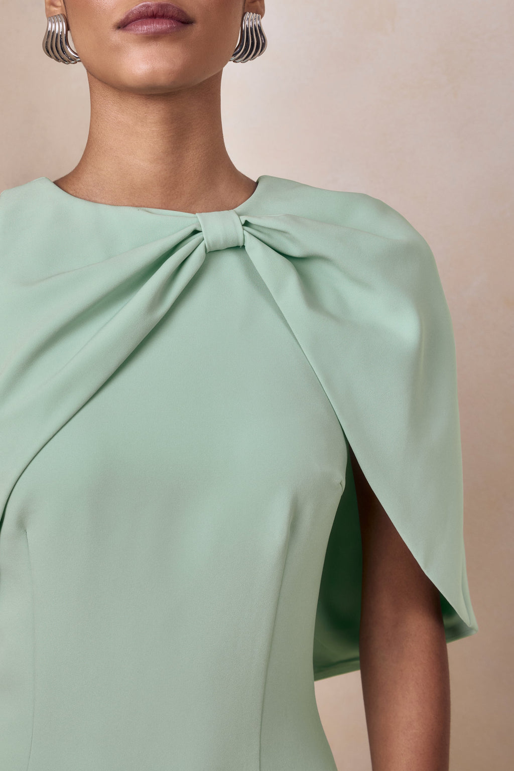 Quira | Mint Asymmetric-Neck Maxi Dress With Cape-Sleeve