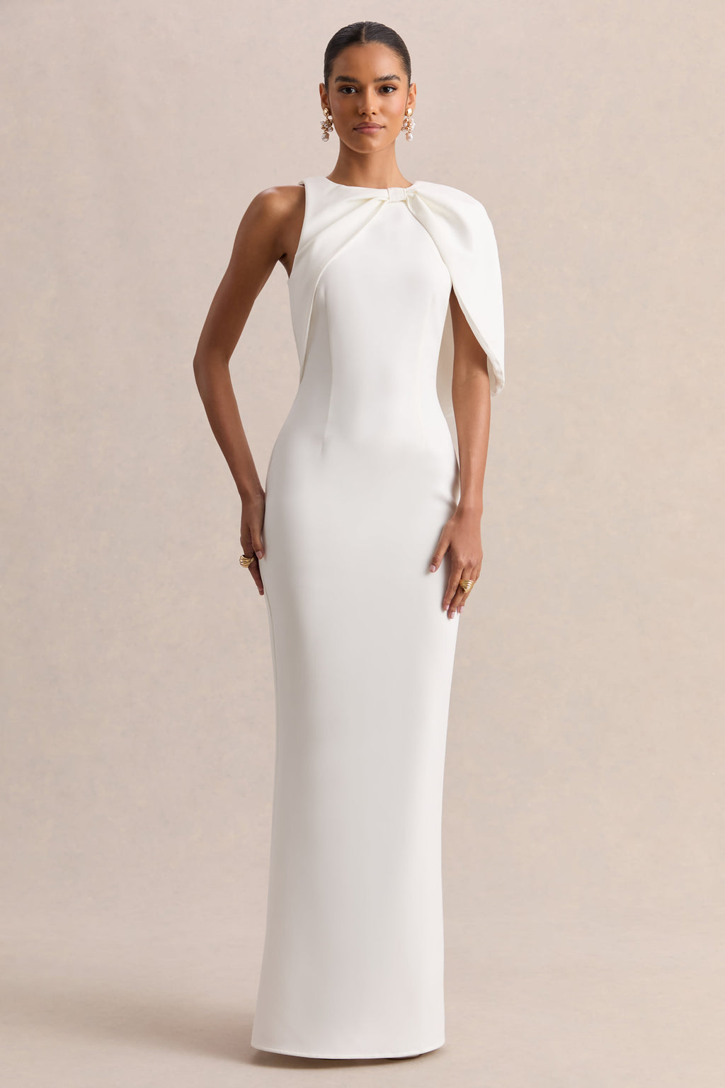 Quira | White Asymmetric-Neck Maxi Dress With Cape-Sleeve