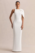 Quira | White Asymmetric-Neck Maxi Dress With Cape-Sleeve