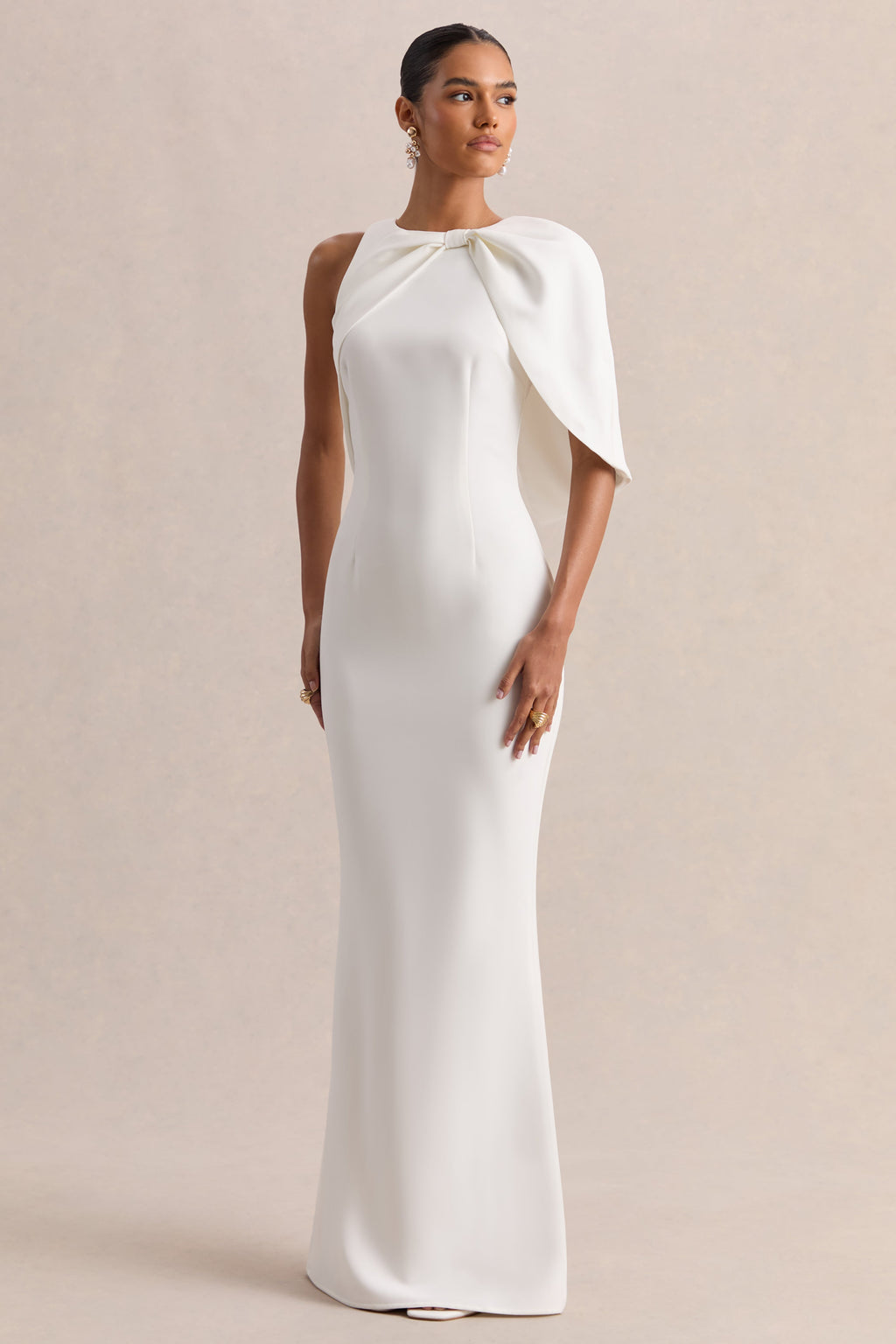 Quira | White Asymmetric-Neck Maxi Dress With Cape-Sleeve