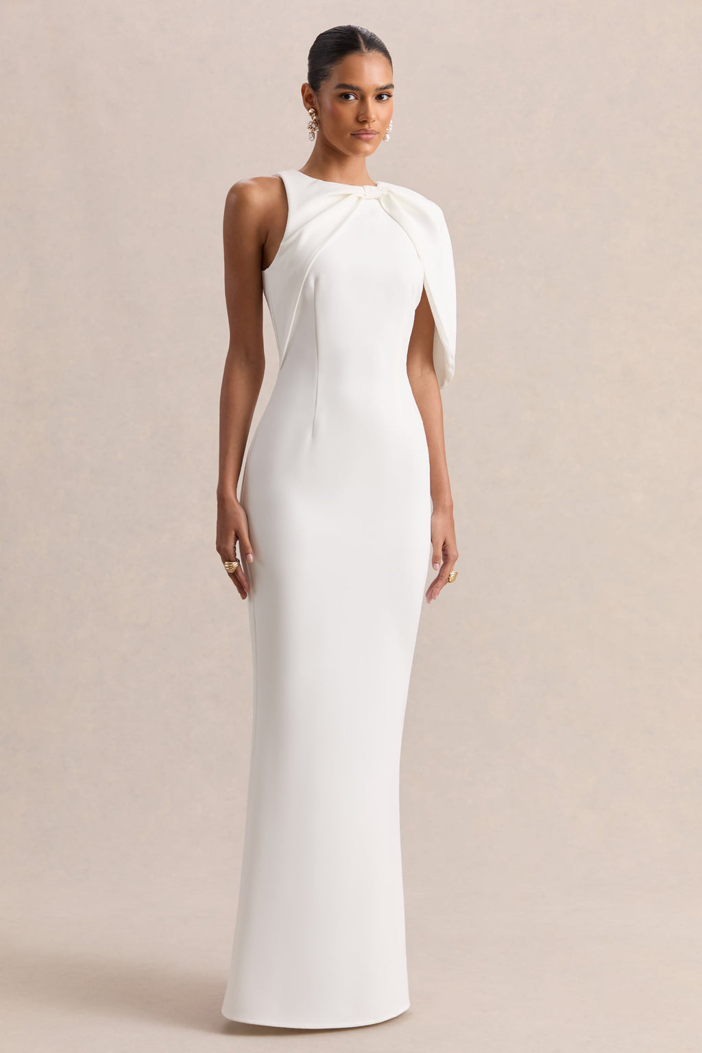 Quira | White Asymmetric-Neck Maxi Dress With Cape-Sleeve