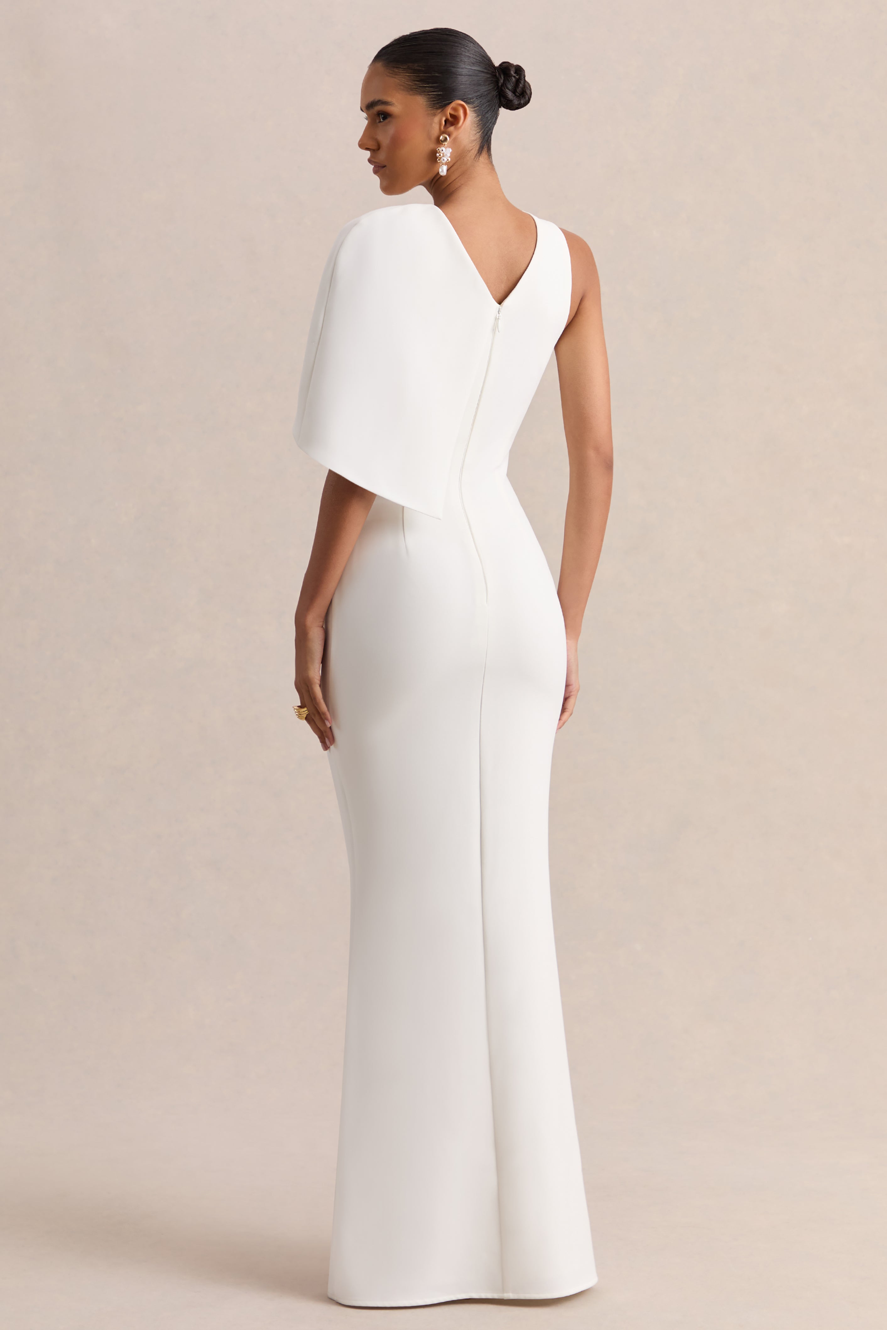 Quira | White Asymmetric-Neck Maxi Dress With Cape-Sleeve