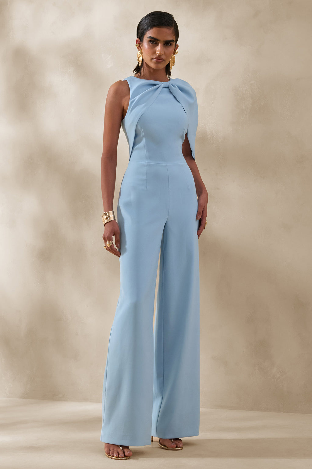 Quinley | Powder Blue Asymmetric-Neck Jumpsuit With Cape-Sleeve