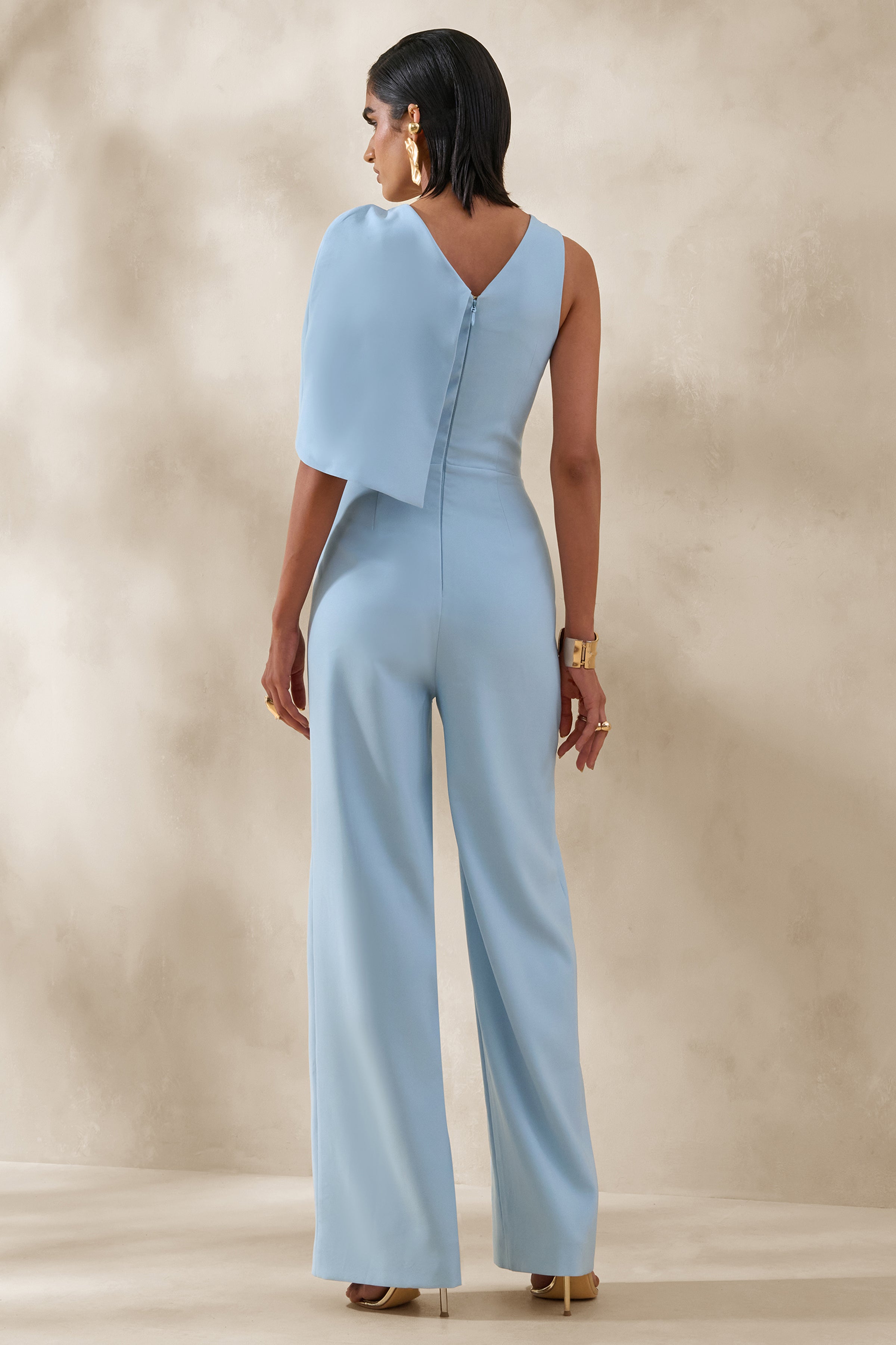 Quinley | Powder Blue Asymmetric-Neck Jumpsuit With Cape-Sleeve