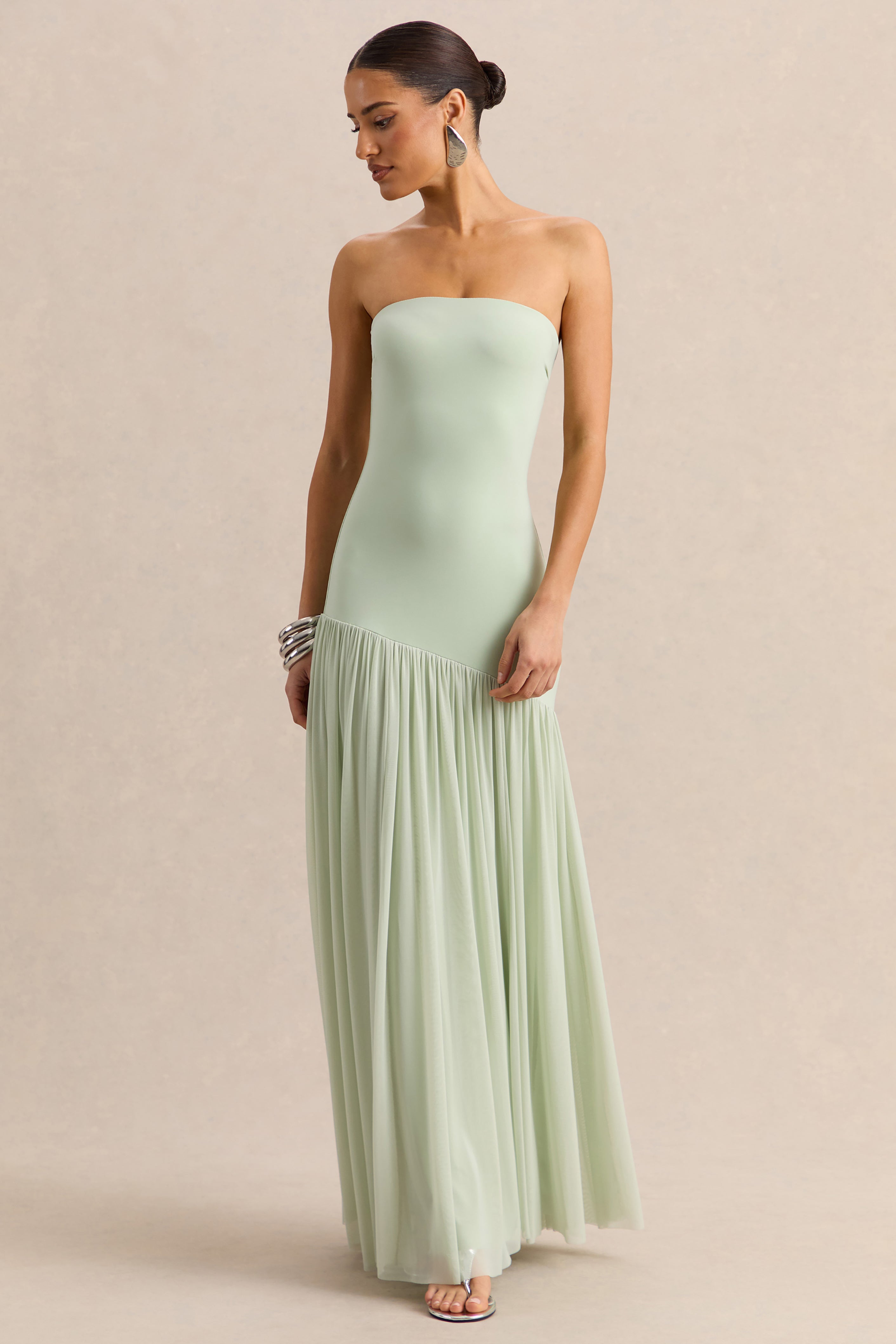 Bambi | Mint Bandeau Maxi Dress With Scarf-Detail