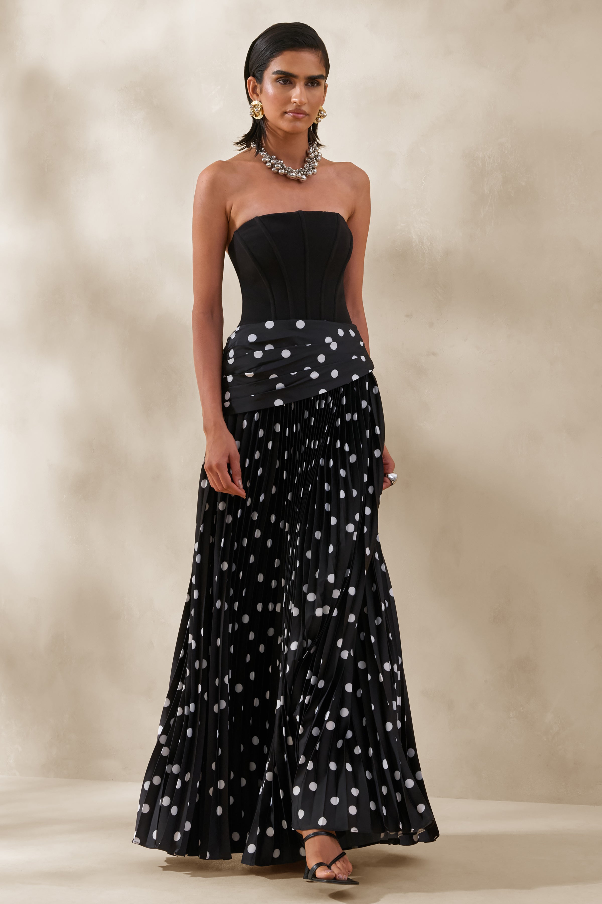 Valerisse | Black And White Polka Dot Bandeau Maxi Dress