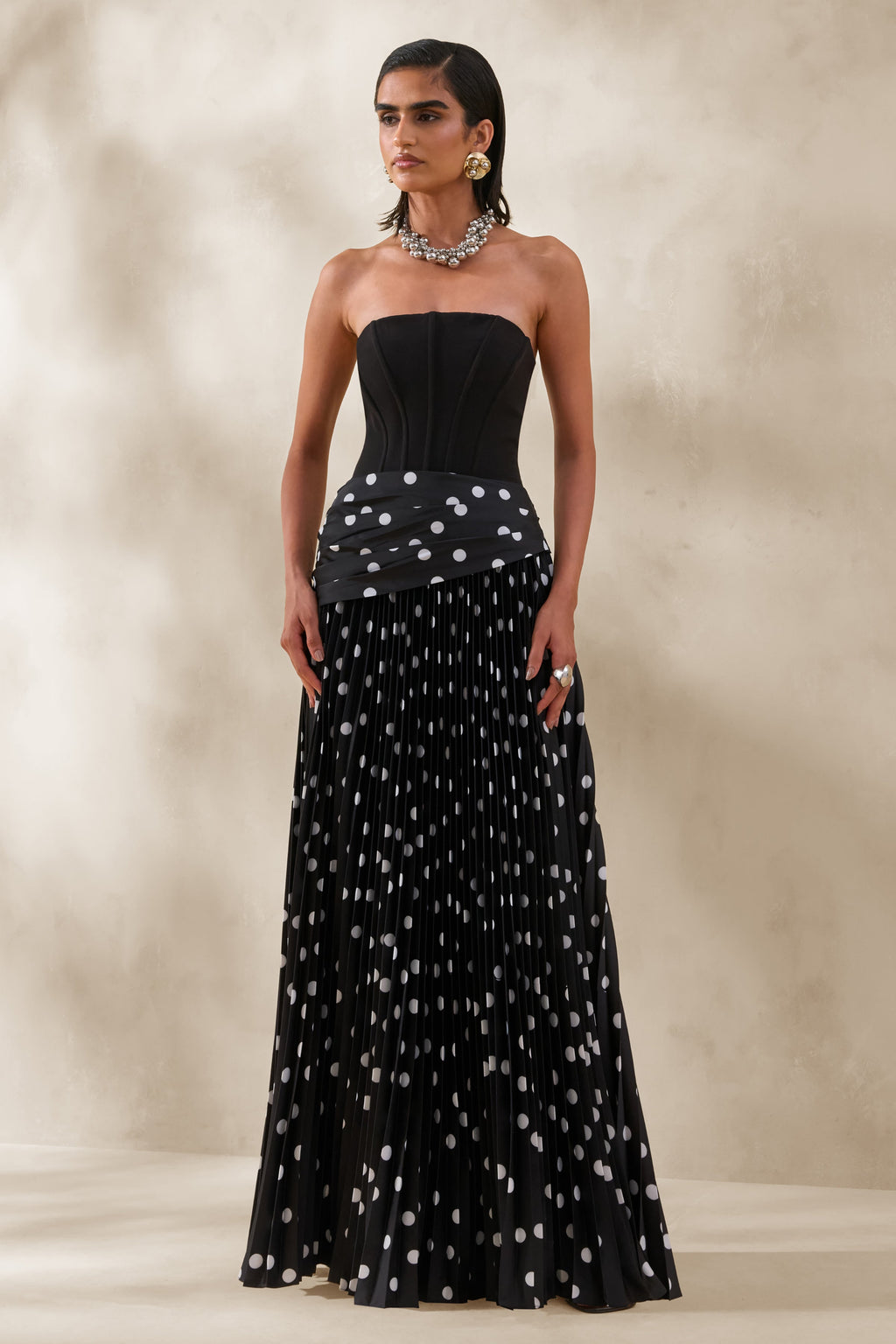 Valerisse | Black And White Polka Dot Bandeau Maxi Dress