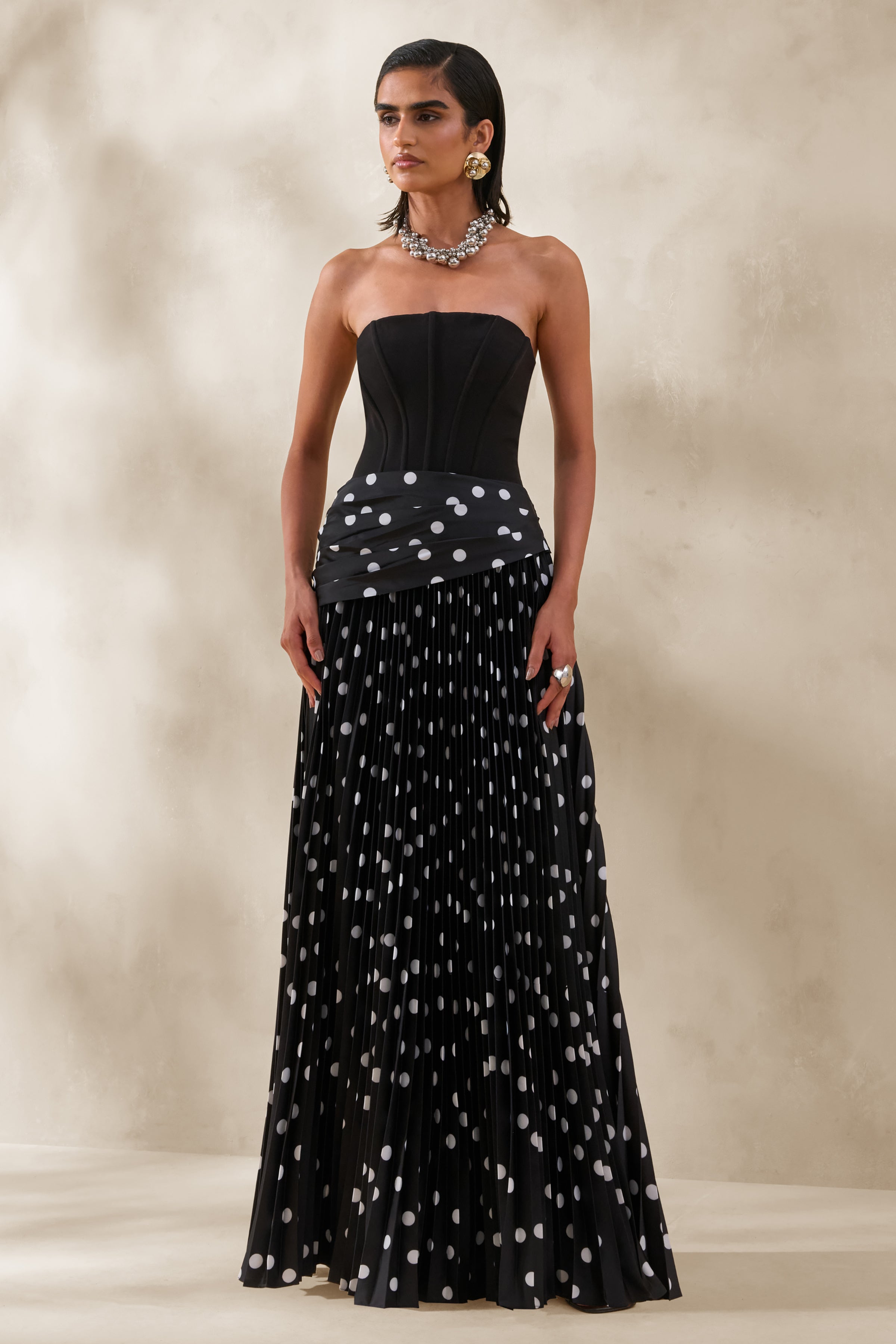 Valerisse | Black And White Polka Dot Bandeau Maxi Dress
