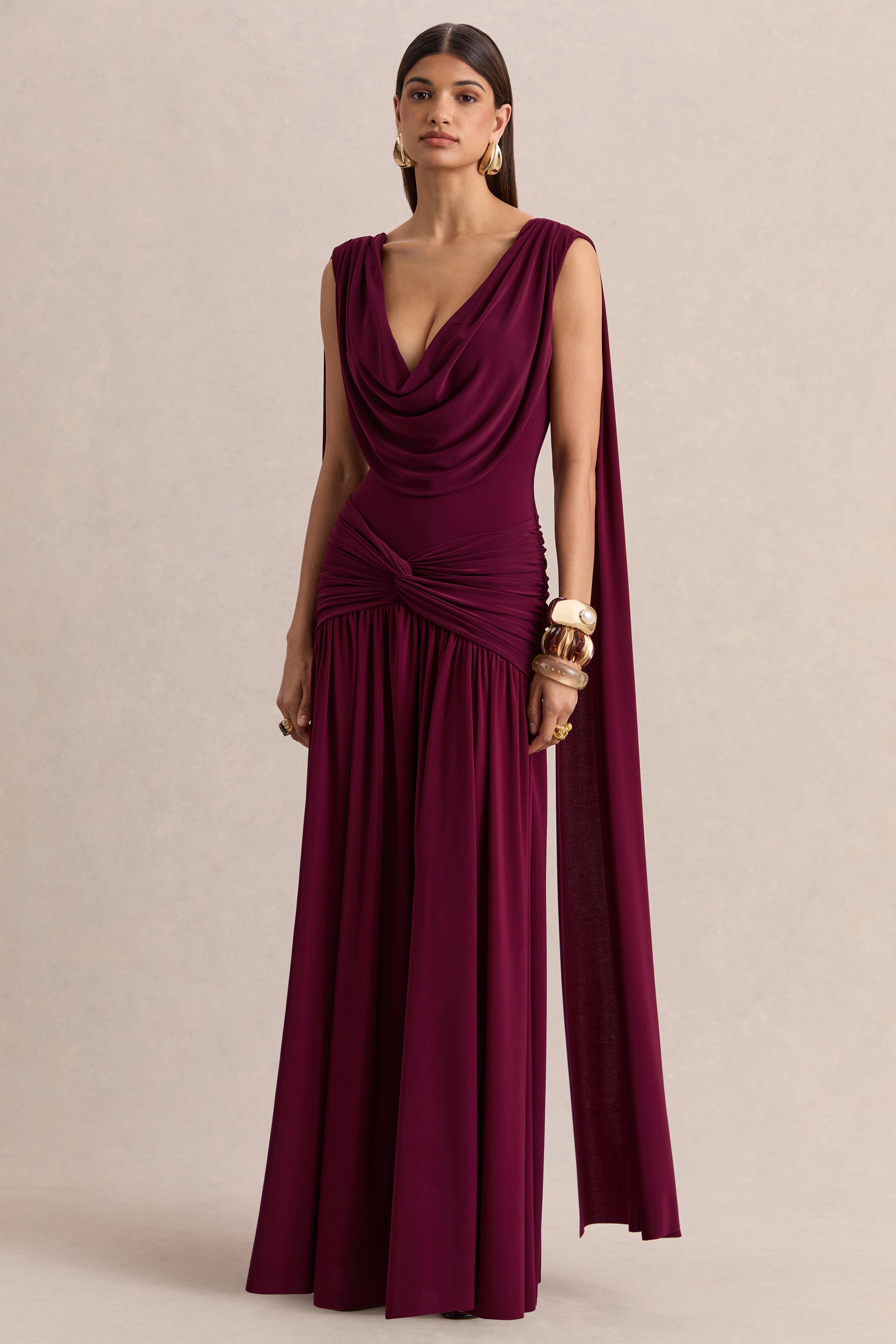 Amelisse | Burgundy Plunge-Neck Maxi Dress With Ruched-Detailing