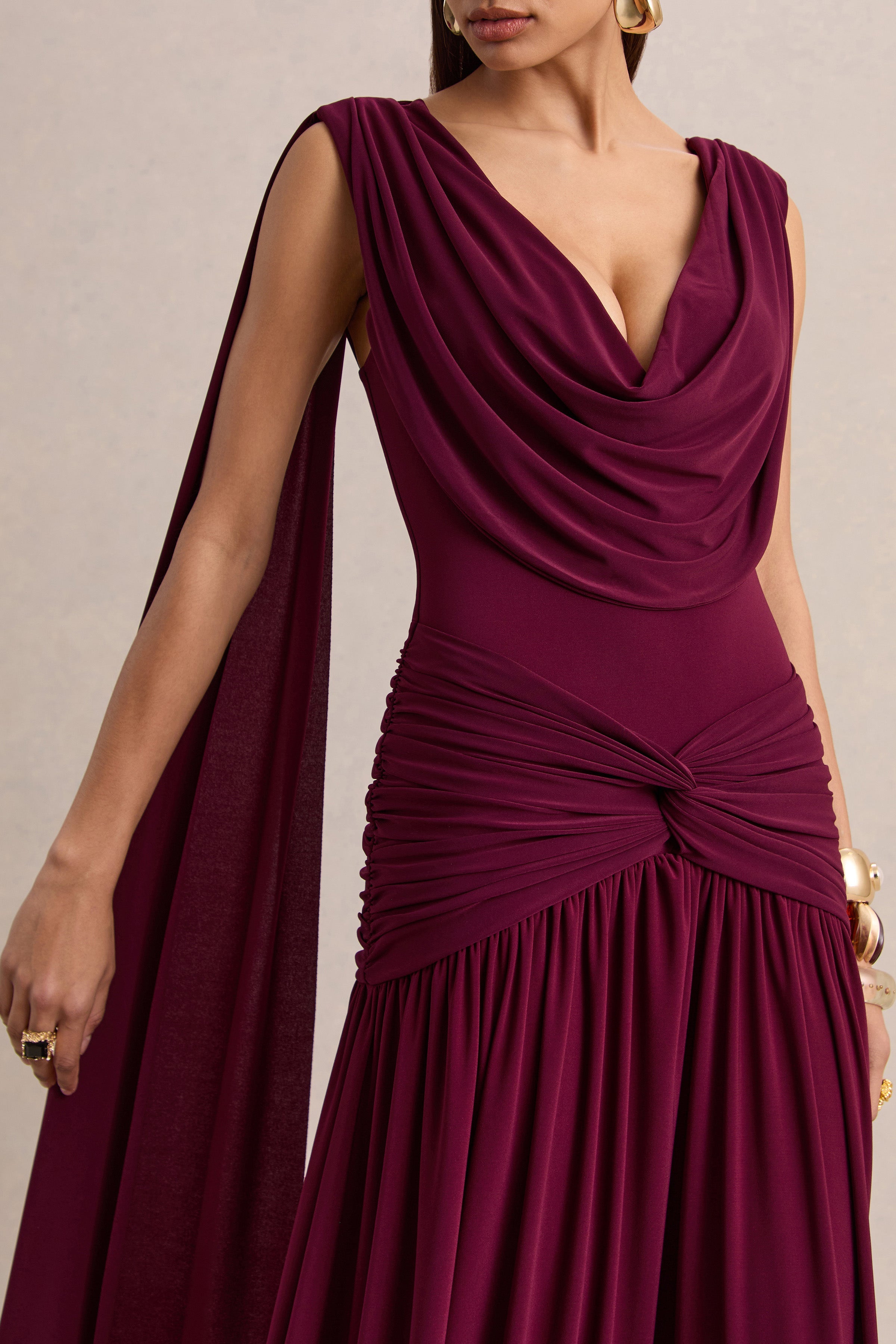 Amelisse | Burgundy Plunge-Neck Maxi Dress With Ruched-Detailing