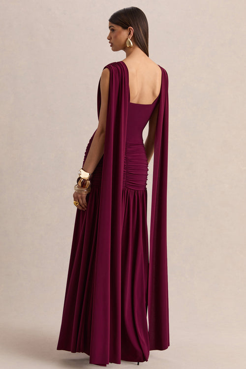 Amelisse | Burgundy Plunge-Neck Maxi Dress With Ruched-Detailing