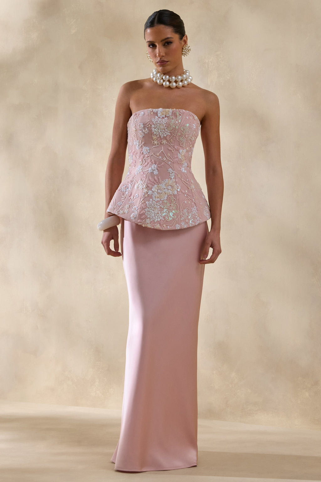 Corvina | Pink Embellished Floral Bandeau Corset Maxi Dress