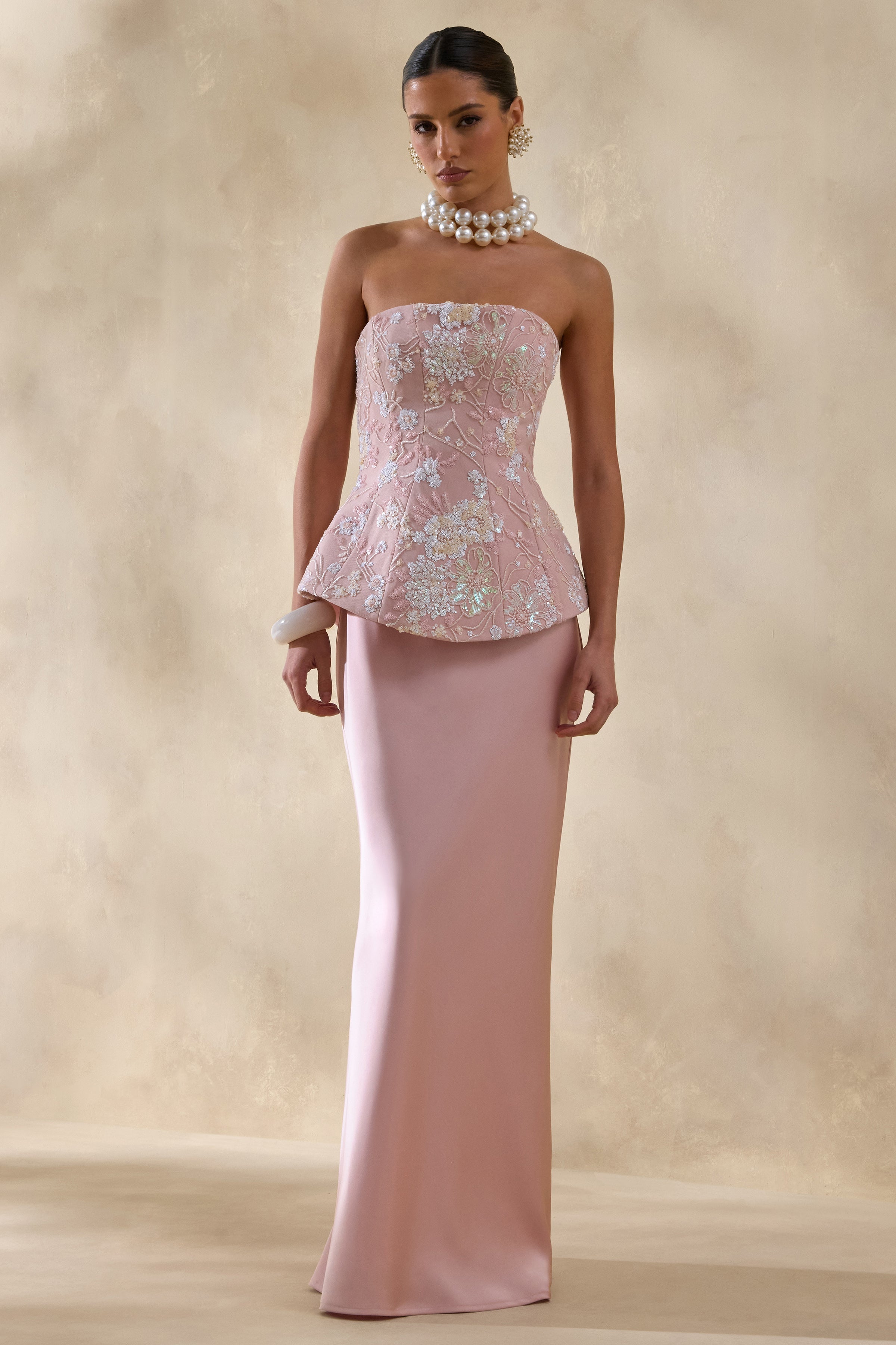 Corvina | Pink Embellished Floral Bandeau Corset Maxi Dress