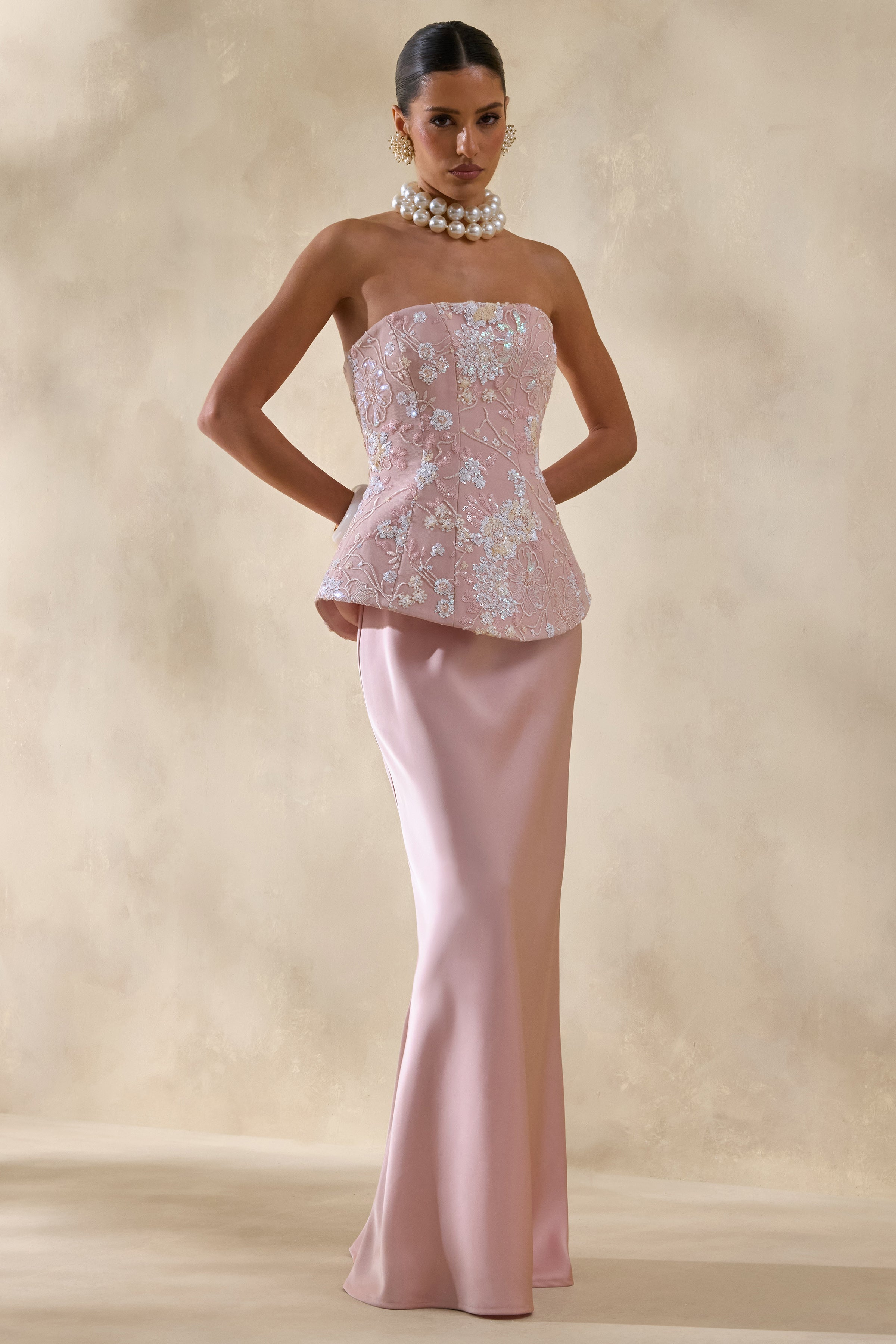 Corvina | Pink Embellished Floral Bandeau Corset Maxi Dress