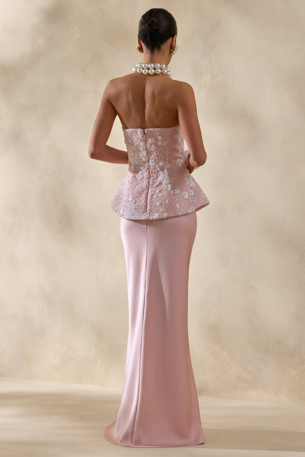 Corvina | Pink Embellished Floral Bandeau Corset Maxi Dress