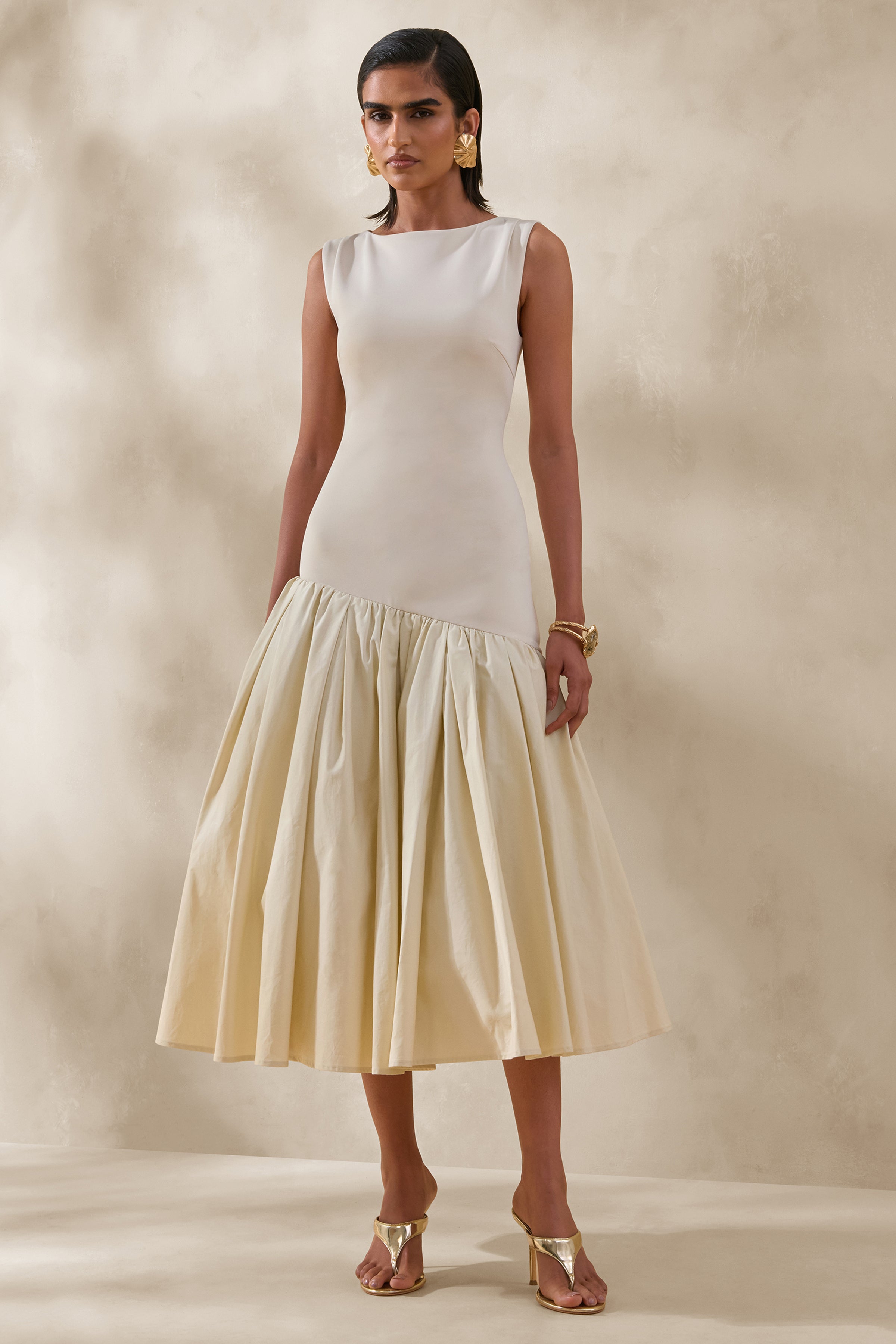 Fantasia | Cream Boat-Neck Midi Dress With Asymmetric Drop-Waist