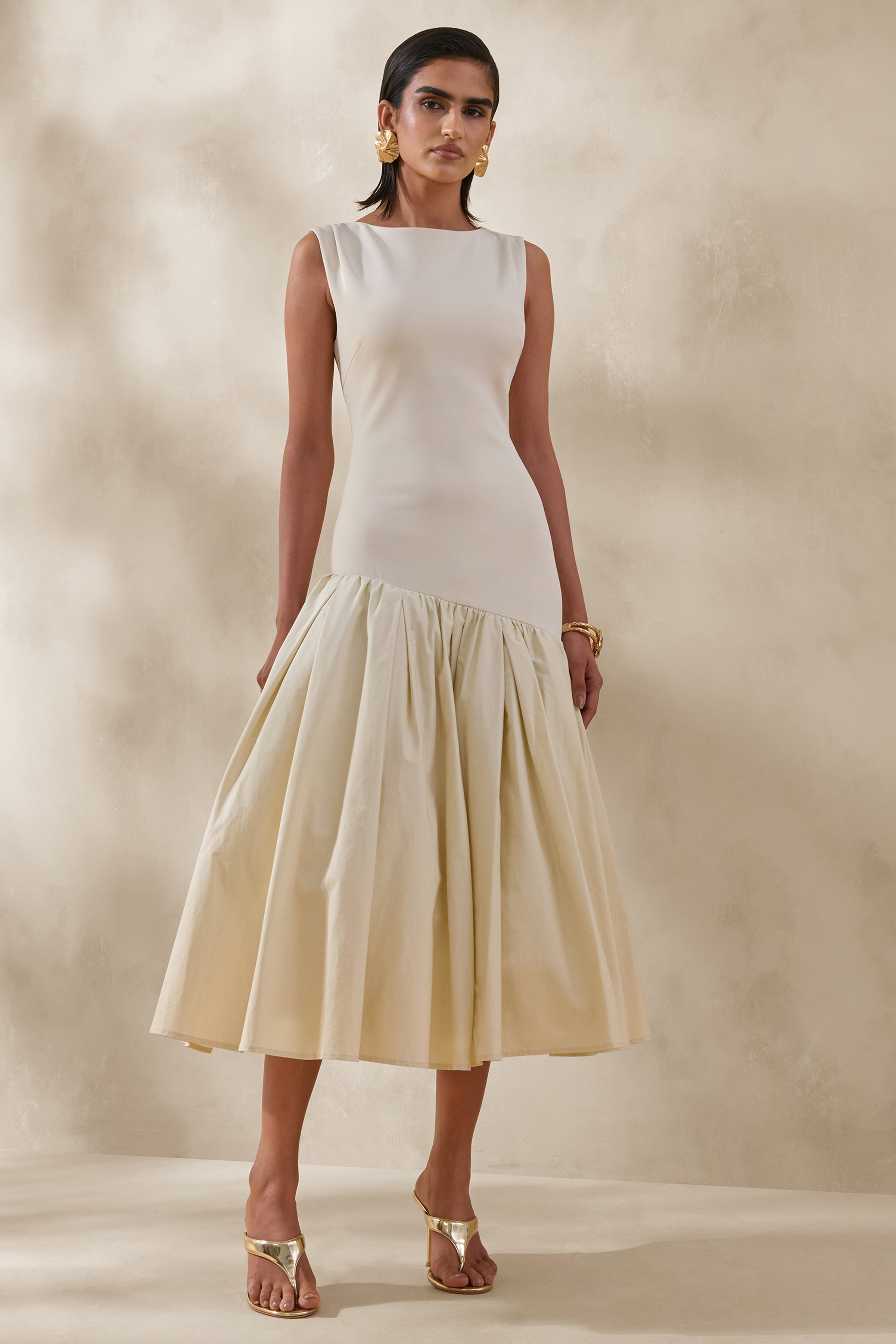 Fantasia | Cream Boat-Neck Midi Dress With Asymmetric Drop-Waist