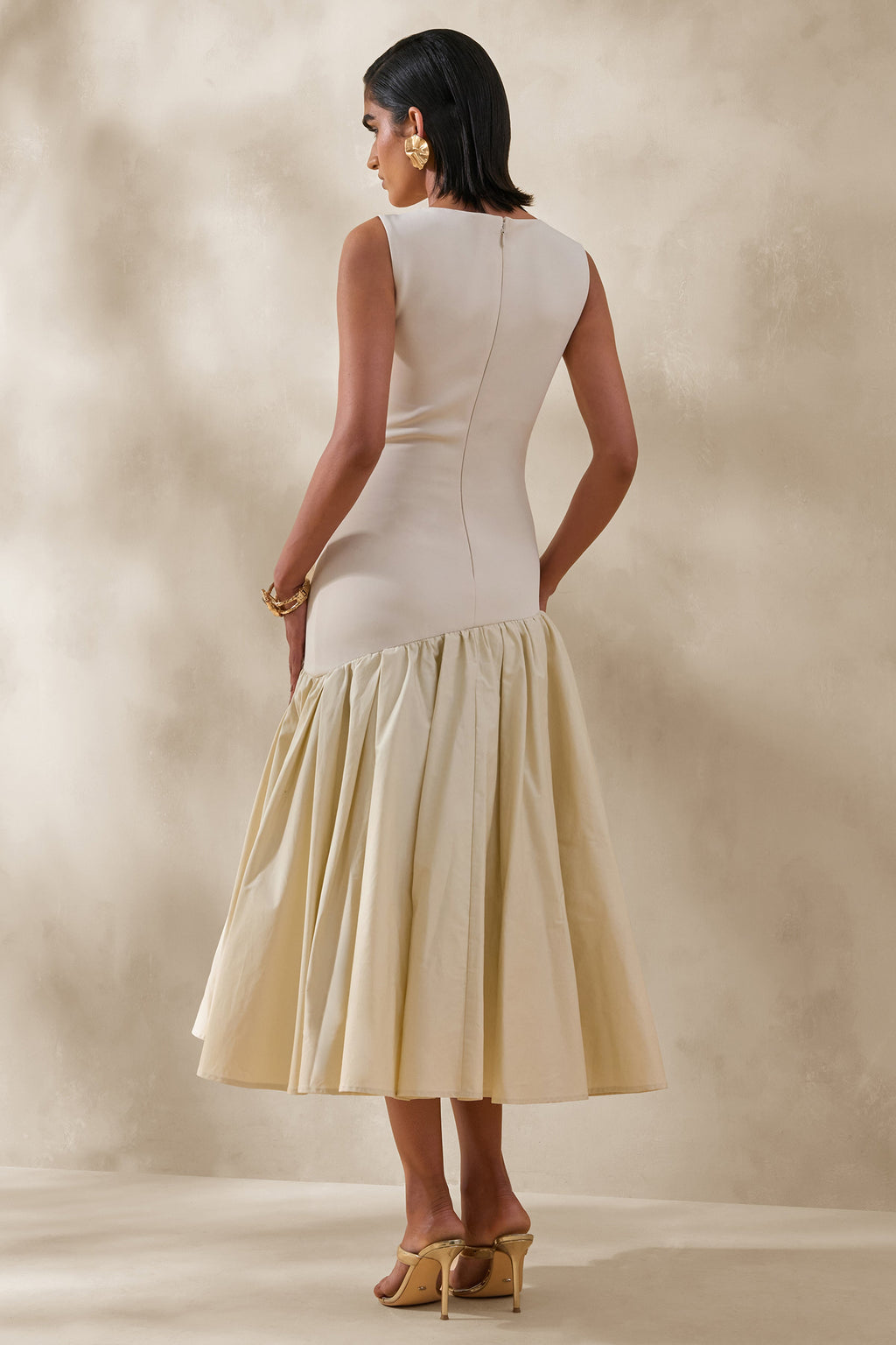 Fantasia | Cream Boat-Neck Midi Dress With Asymmetric Drop-Waist