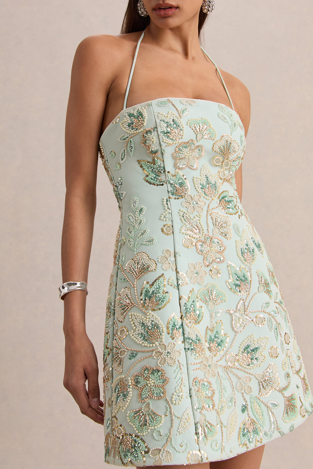 Brianna | Mint Floral Embellished Square-Neck Mini Dress