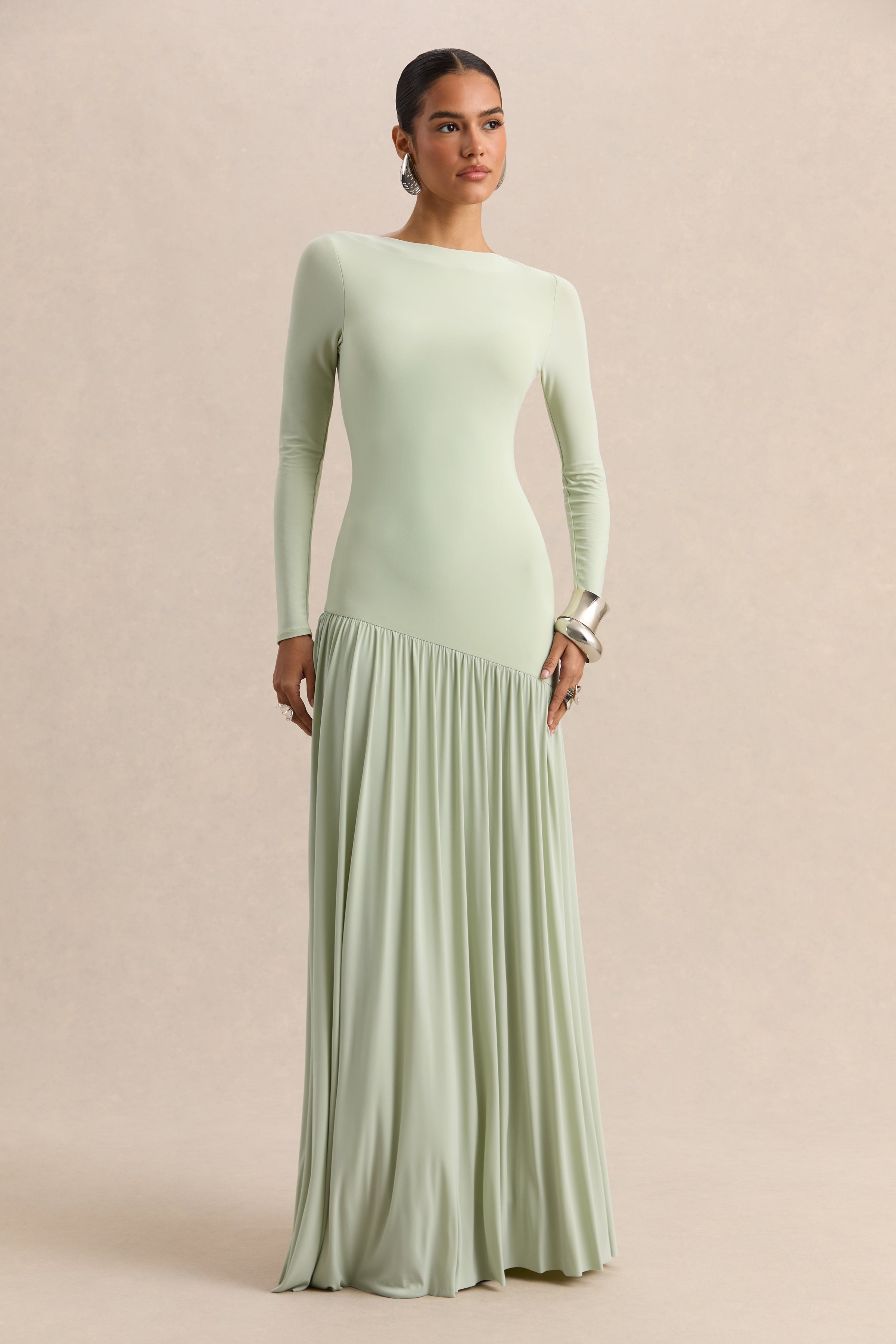 Jasira | Mint Crew-Neck Maxi Dress With Asymmetric Drop-Waist