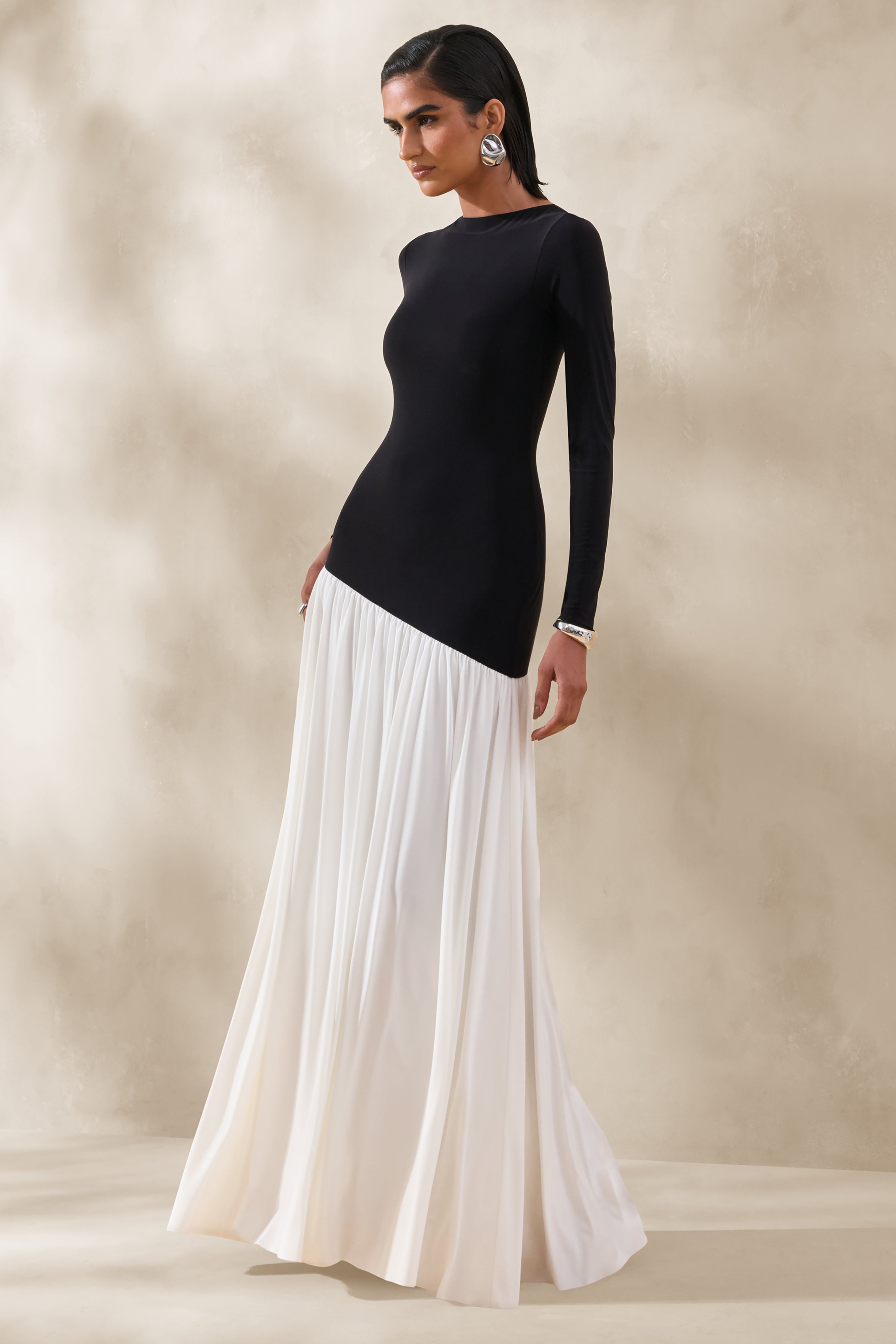 Jasira | Black & White Crew-Neck Maxi Dress With Asymmetric Drop-Waist