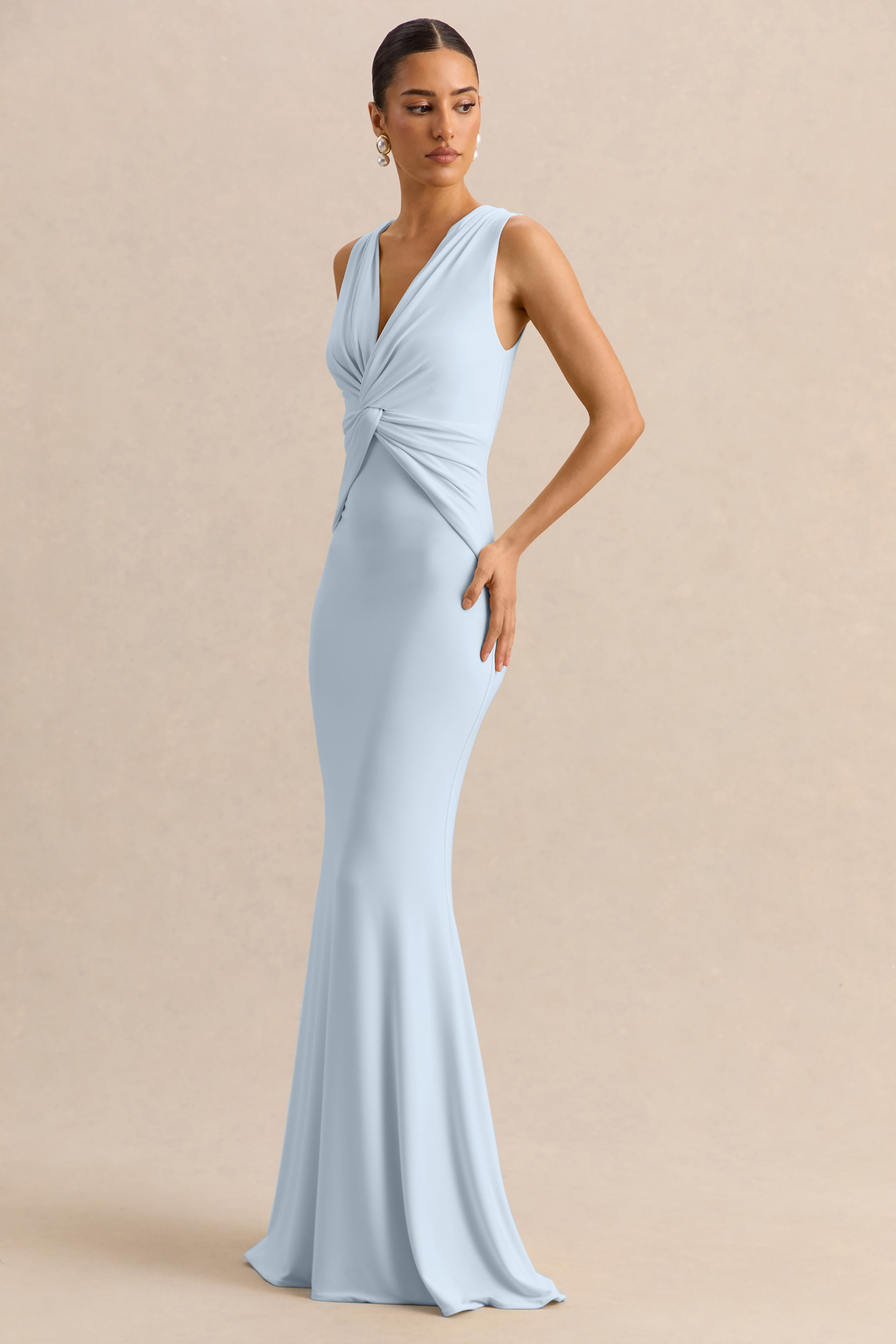 Holly | Powder Blue Plunge-Neck Maxi Dress With Twist-Detail