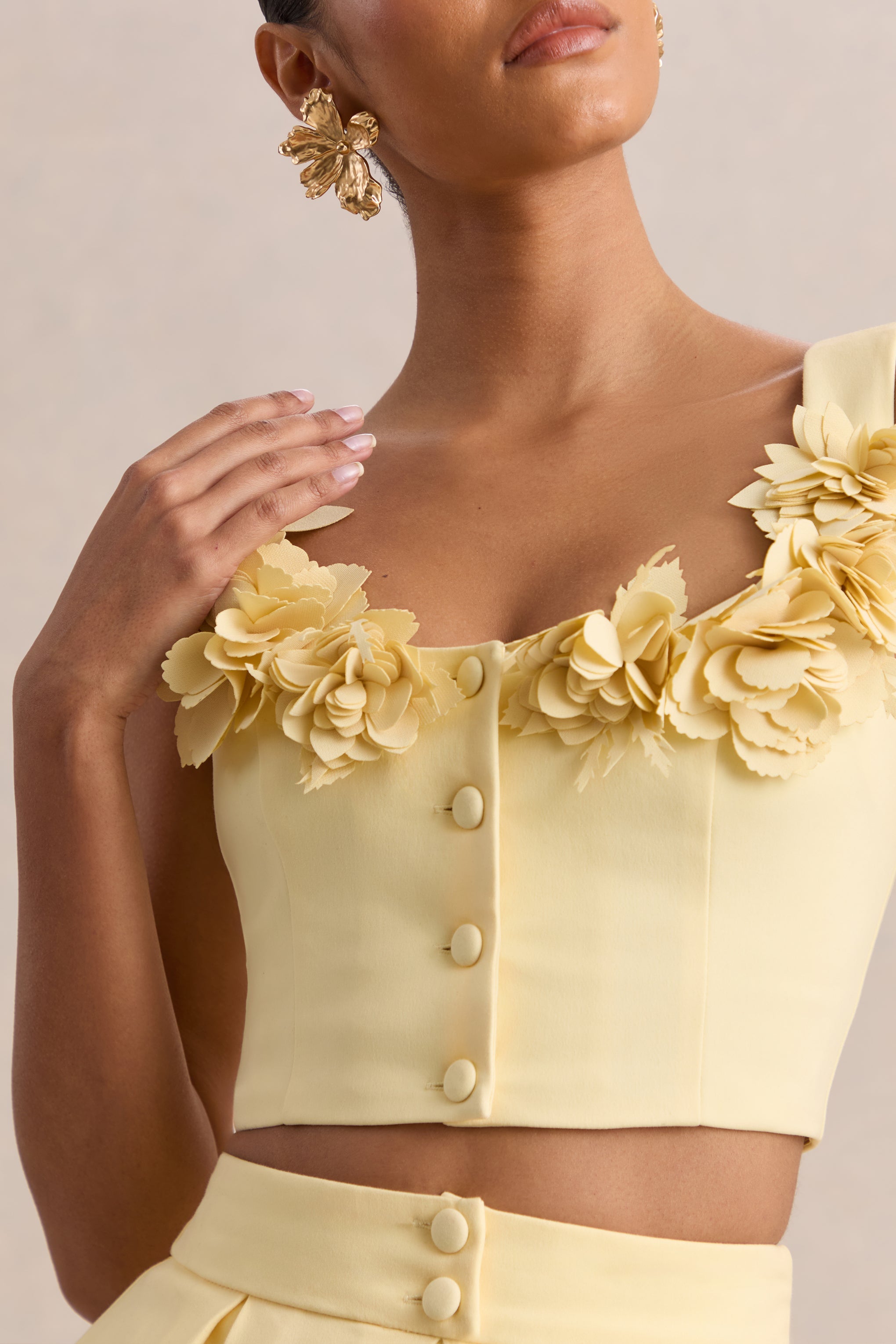 Caprielle | Lemon Scoop-Neck Crop-Top With Corsage Detailing
