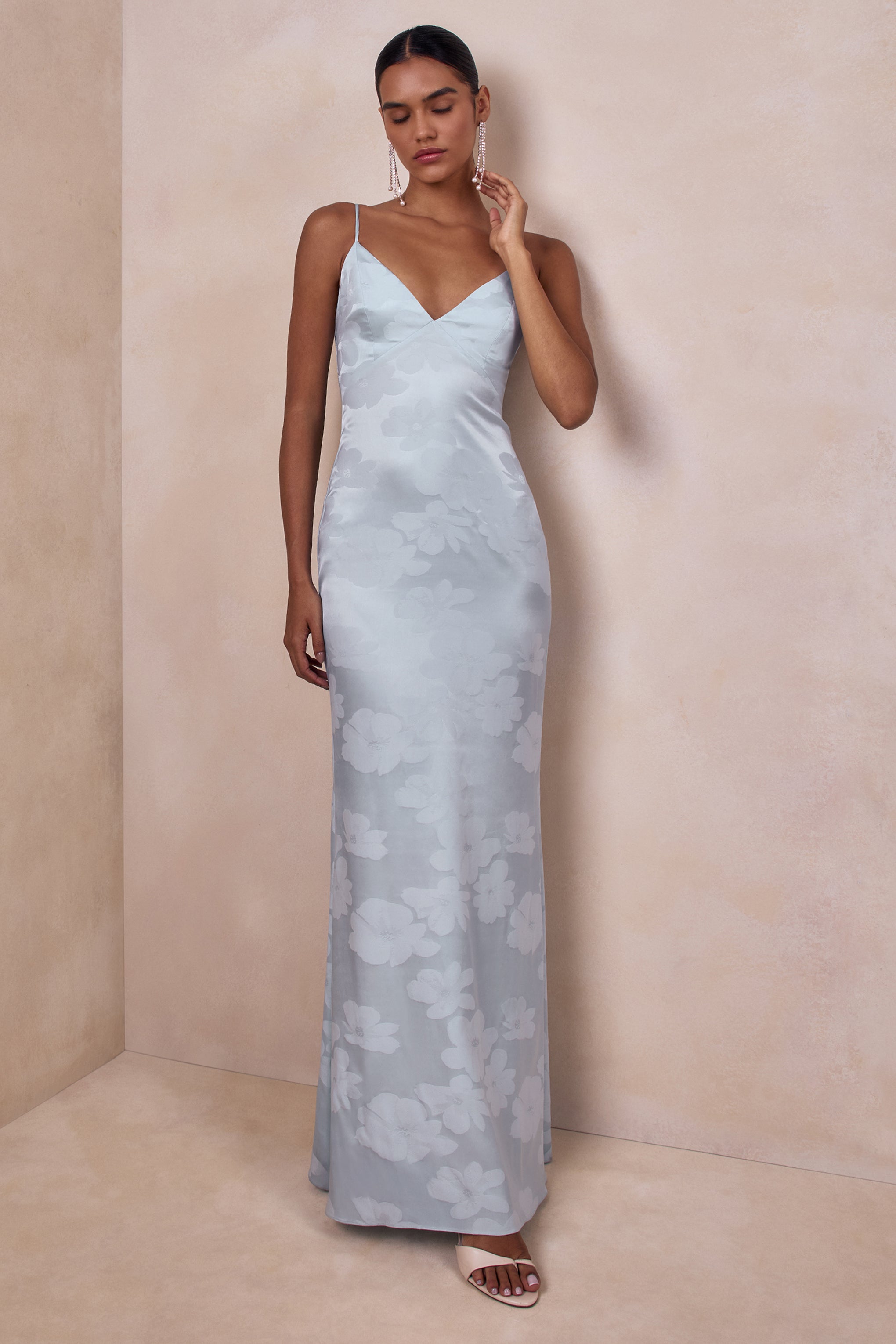 Carelle | Powder Blue Satin Plunge-Neck Maxi Dress With Asymmetric Drop-Waist
