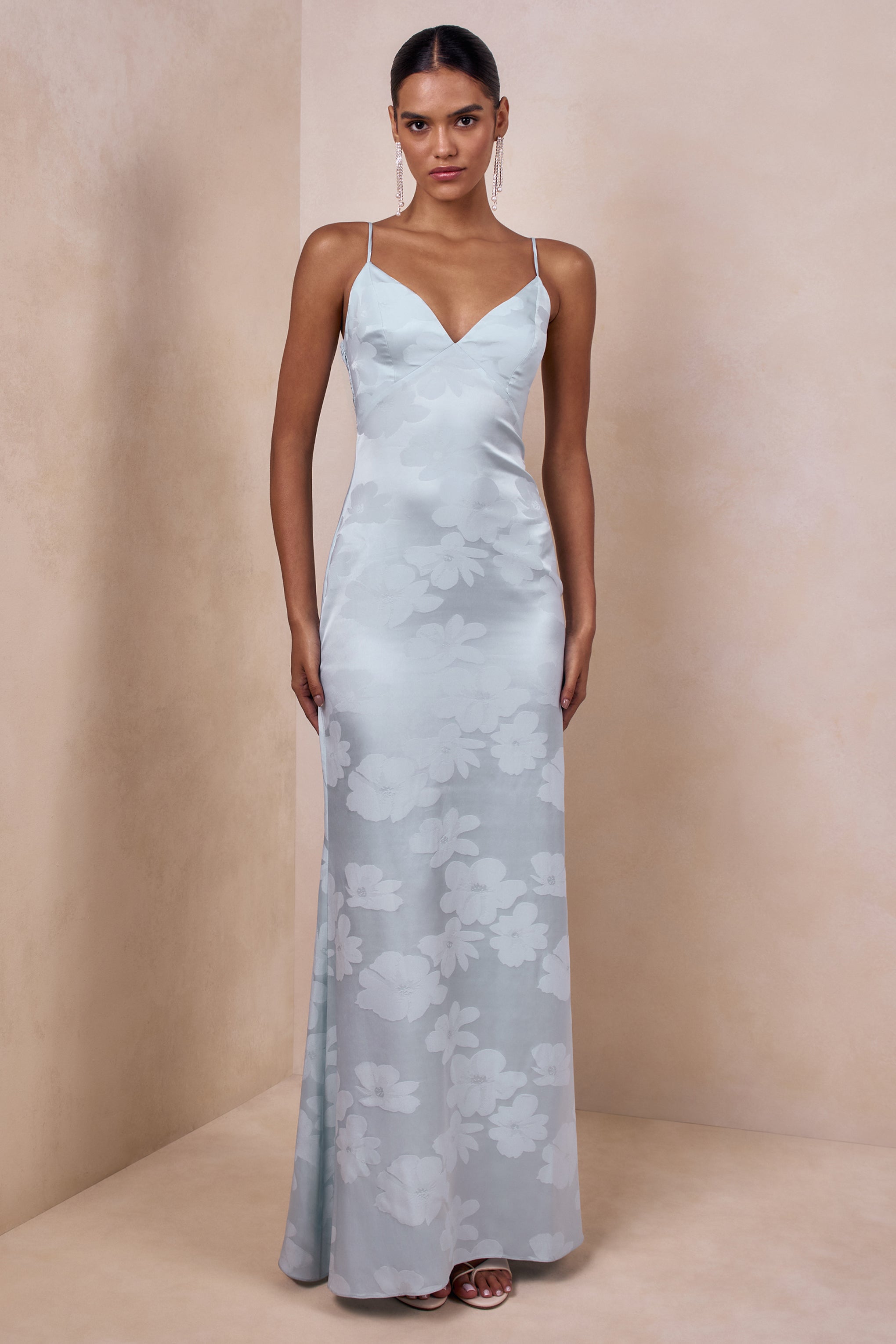 Carelle | Powder Blue Satin Plunge-Neck Maxi Dress With Asymmetric Drop-Waist