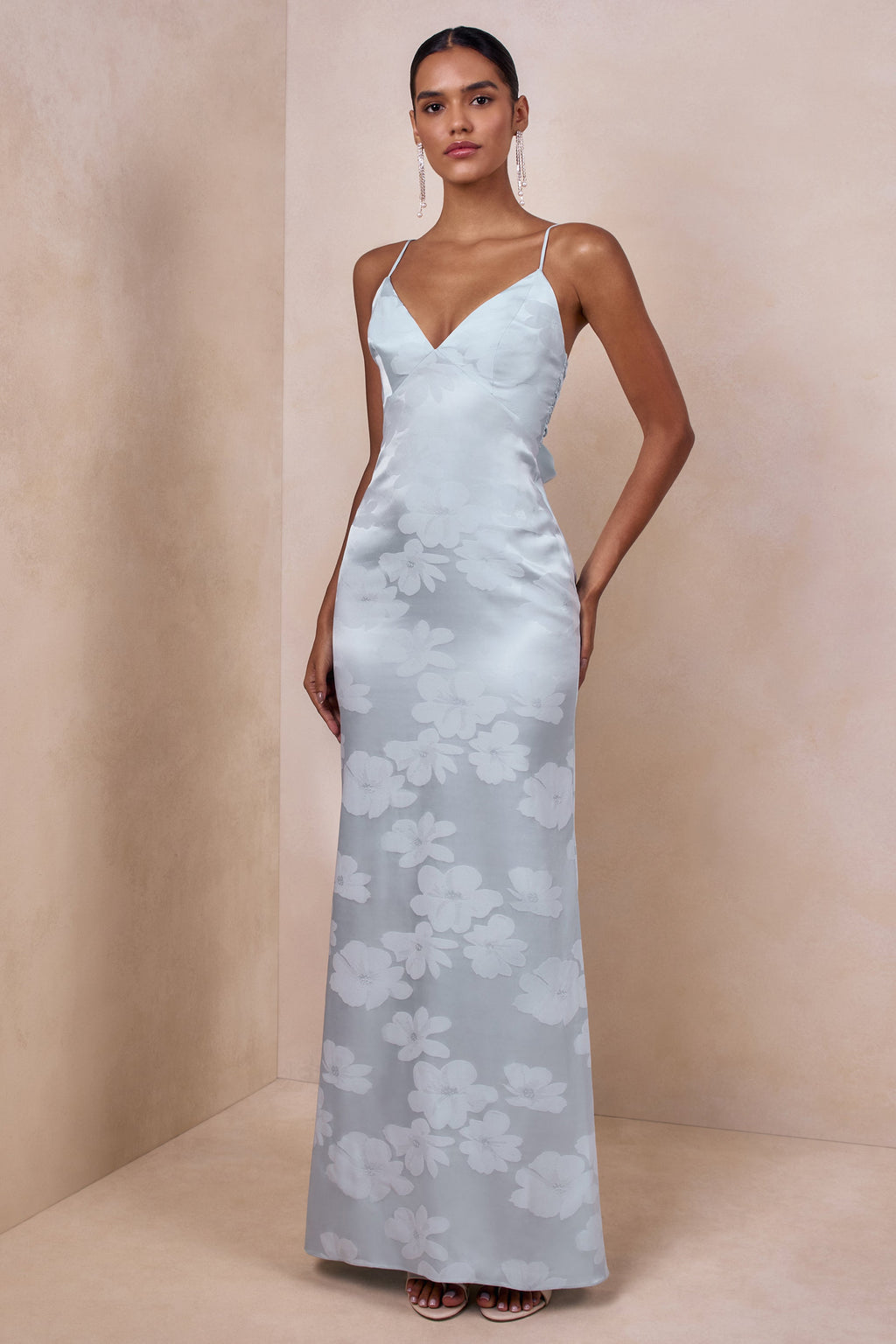 Carelle | Powder Blue Satin Plunge-Neck Maxi Dress With Asymmetric Drop-Waist
