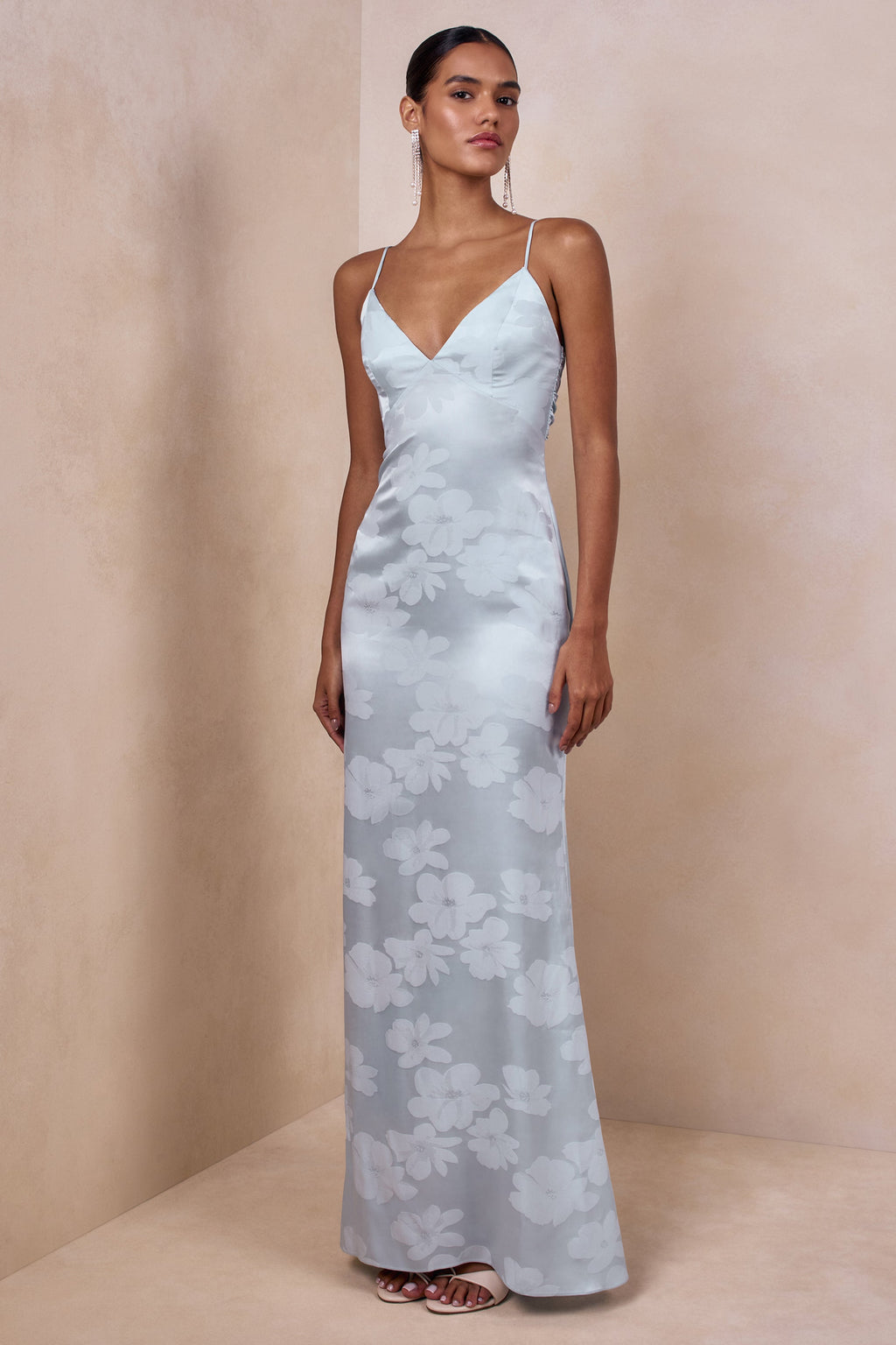 Carelle | Powder Blue Satin Plunge-Neck Maxi Dress With Asymmetric Drop-Waist