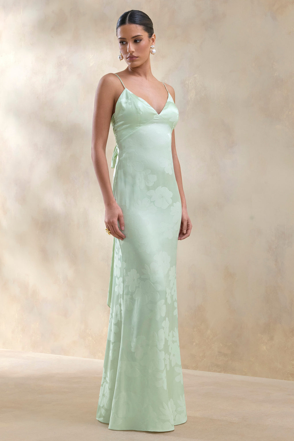 Carelle | Green Satin Plunge-Neck Maxi Dress With Asymmetric Drop-Waist
