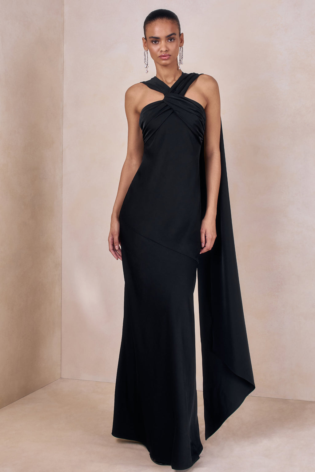 Sloane | Black Matte Satin Halter-Neck Maxi Dress With Cape
