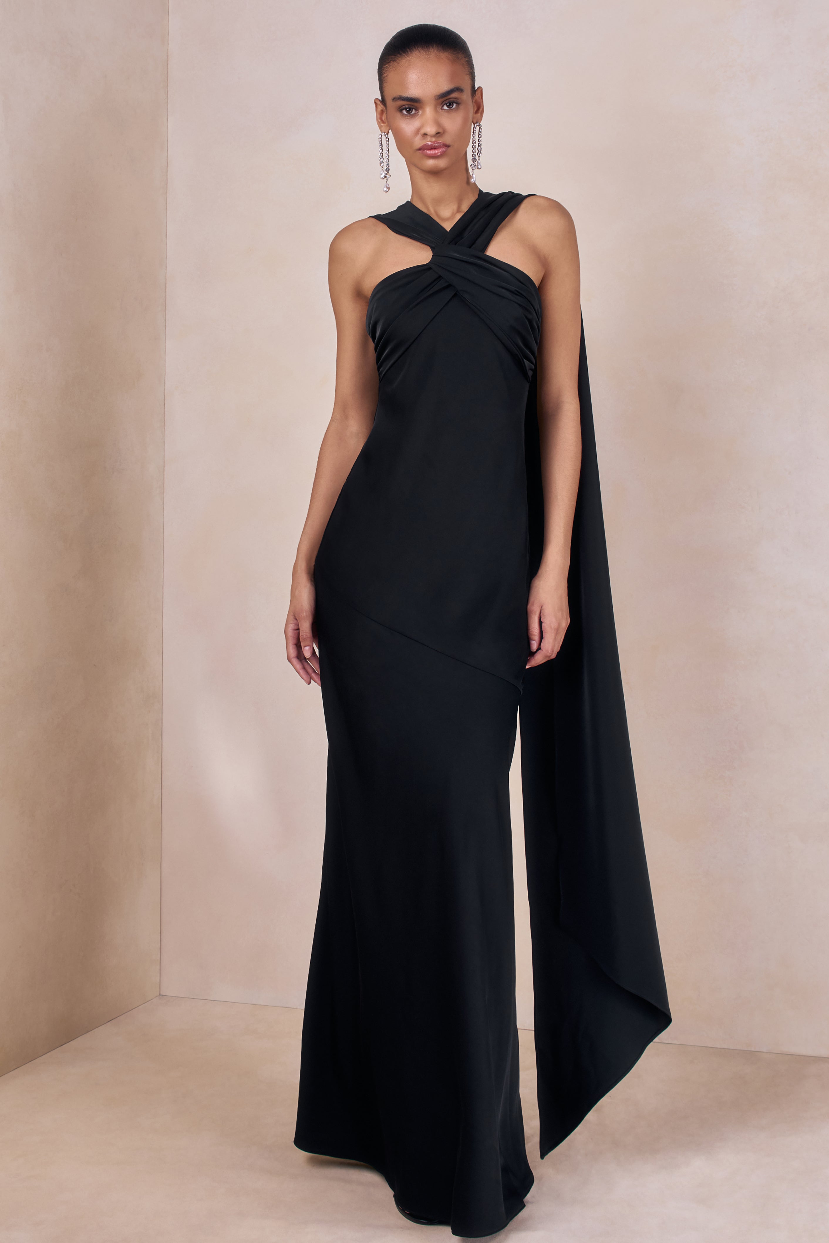 Sloane | Black Matte Satin Halter-Neck Maxi Dress With Cape