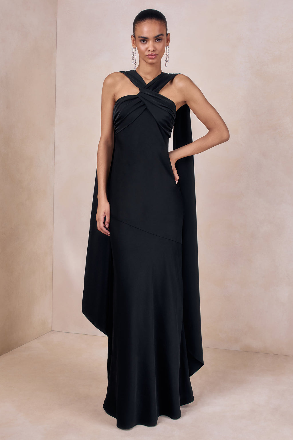 Sloane | Black Matte Satin Halter-Neck Maxi Dress With Cape