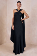 Sloane | Black Matte Satin Halter-Neck Maxi Dress With Cape